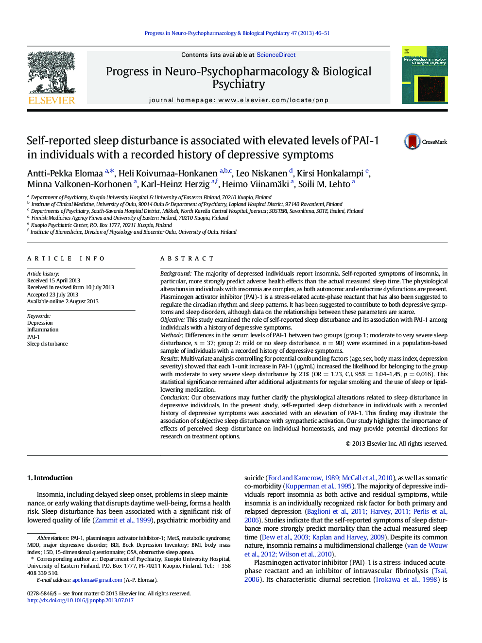 Self-reported sleep disturbance is associated with elevated levels of PAI-1 in individuals with a recorded history of depressive symptoms