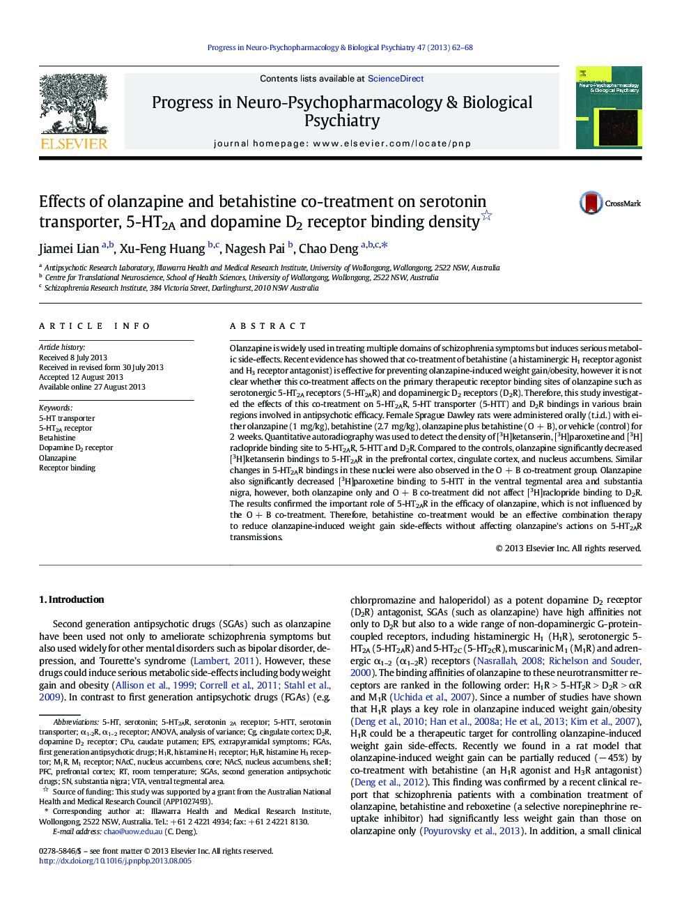 Effects of olanzapine and betahistine co-treatment on serotonin transporter, 5-HT2A and dopamine D2 receptor binding density 