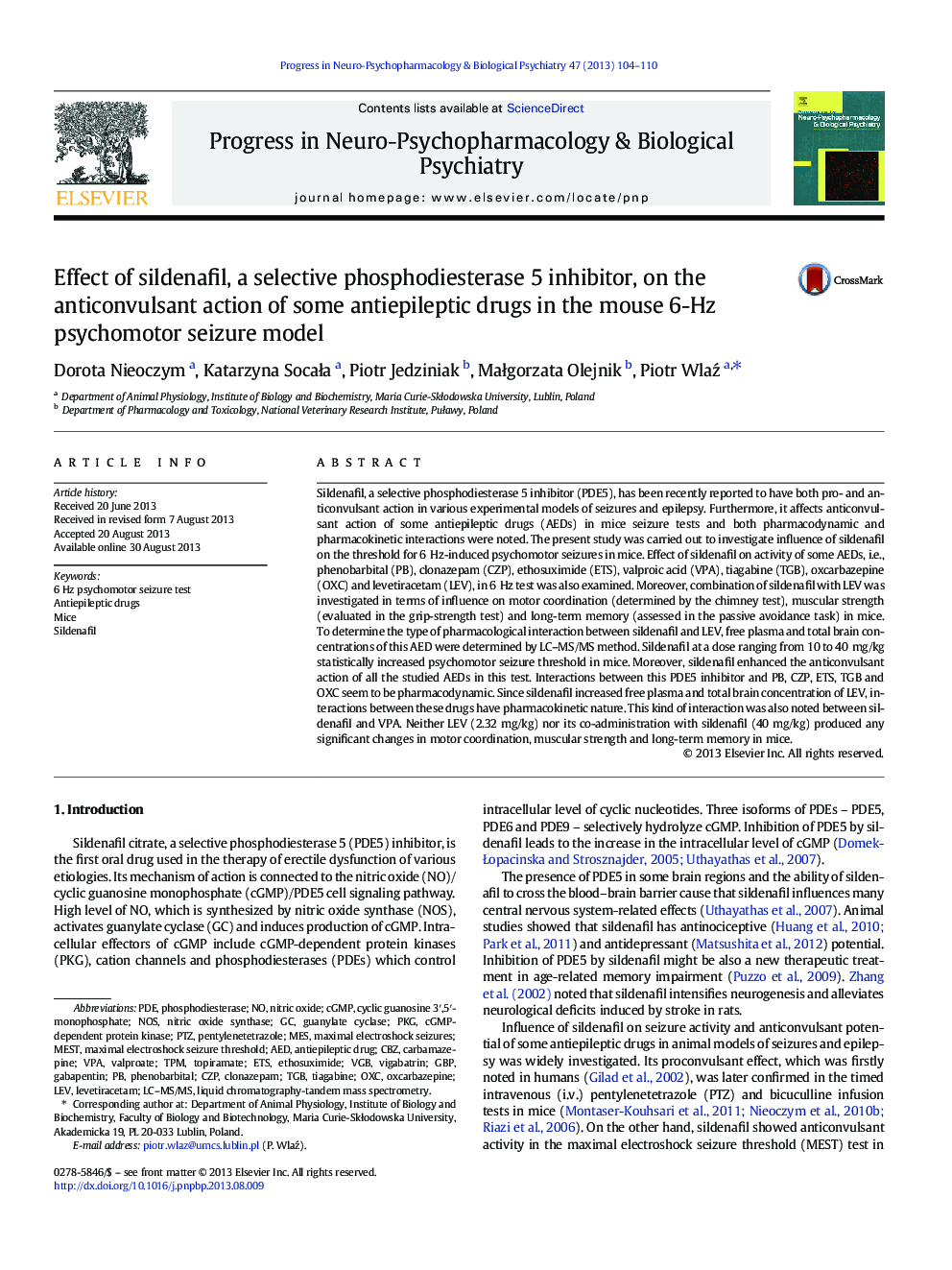 Effect of sildenafil, a selective phosphodiesterase 5 inhibitor, on the anticonvulsant action of some antiepileptic drugs in the mouse 6-Hz psychomotor seizure model