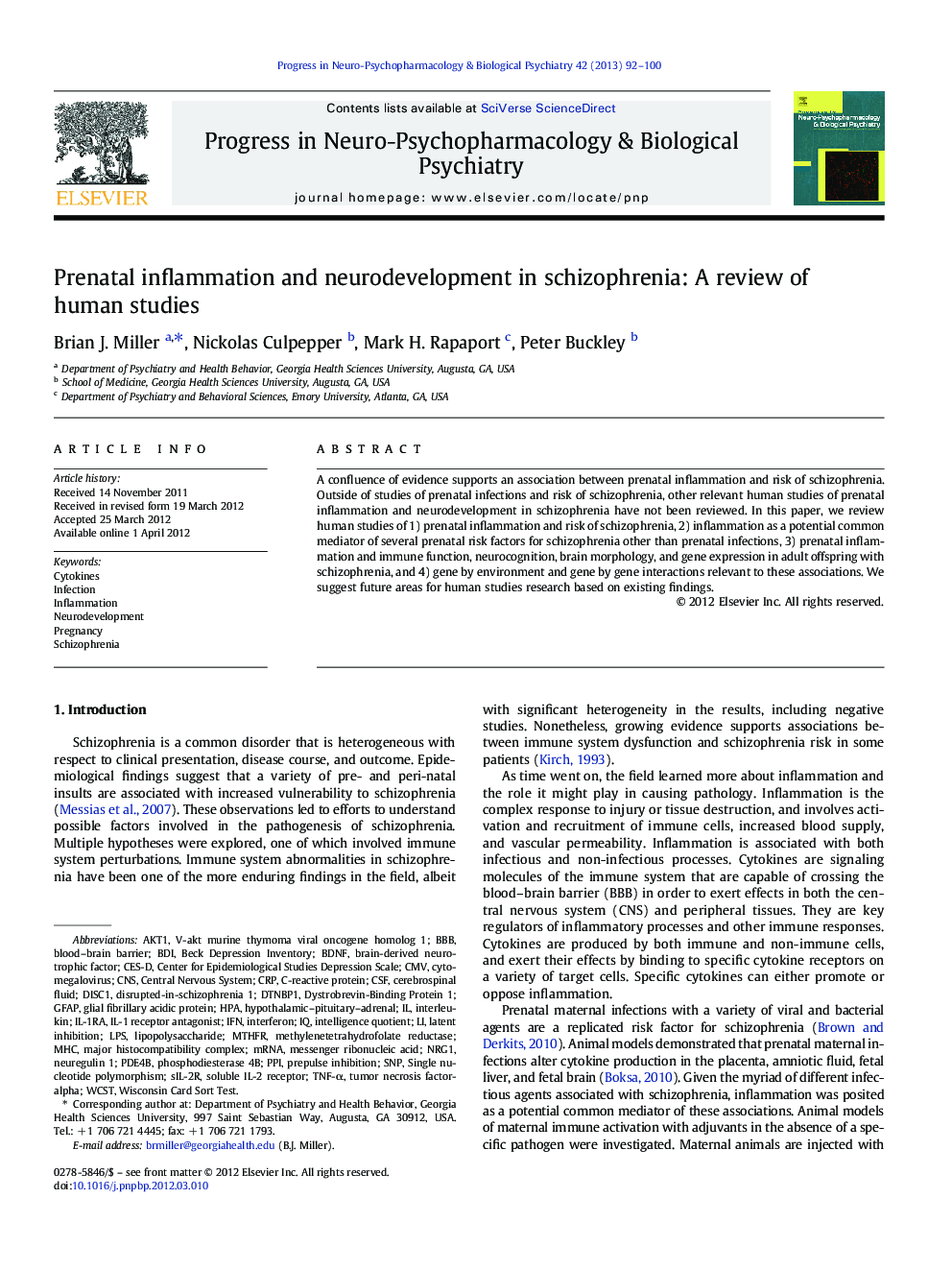 Prenatal inflammation and neurodevelopment in schizophrenia: A review of human studies