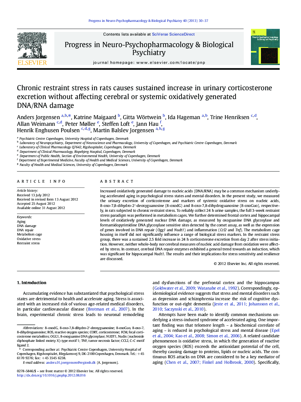 Chronic restraint stress in rats causes sustained increase in urinary corticosterone excretion without affecting cerebral or systemic oxidatively generated DNA/RNA damage