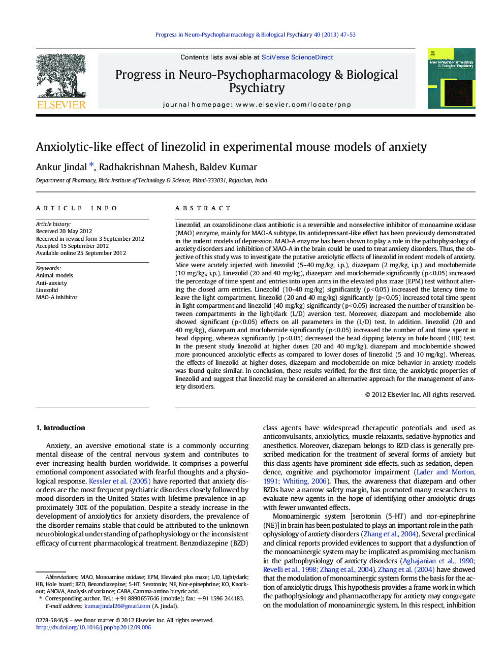 Anxiolytic-like effect of linezolid in experimental mouse models of anxiety