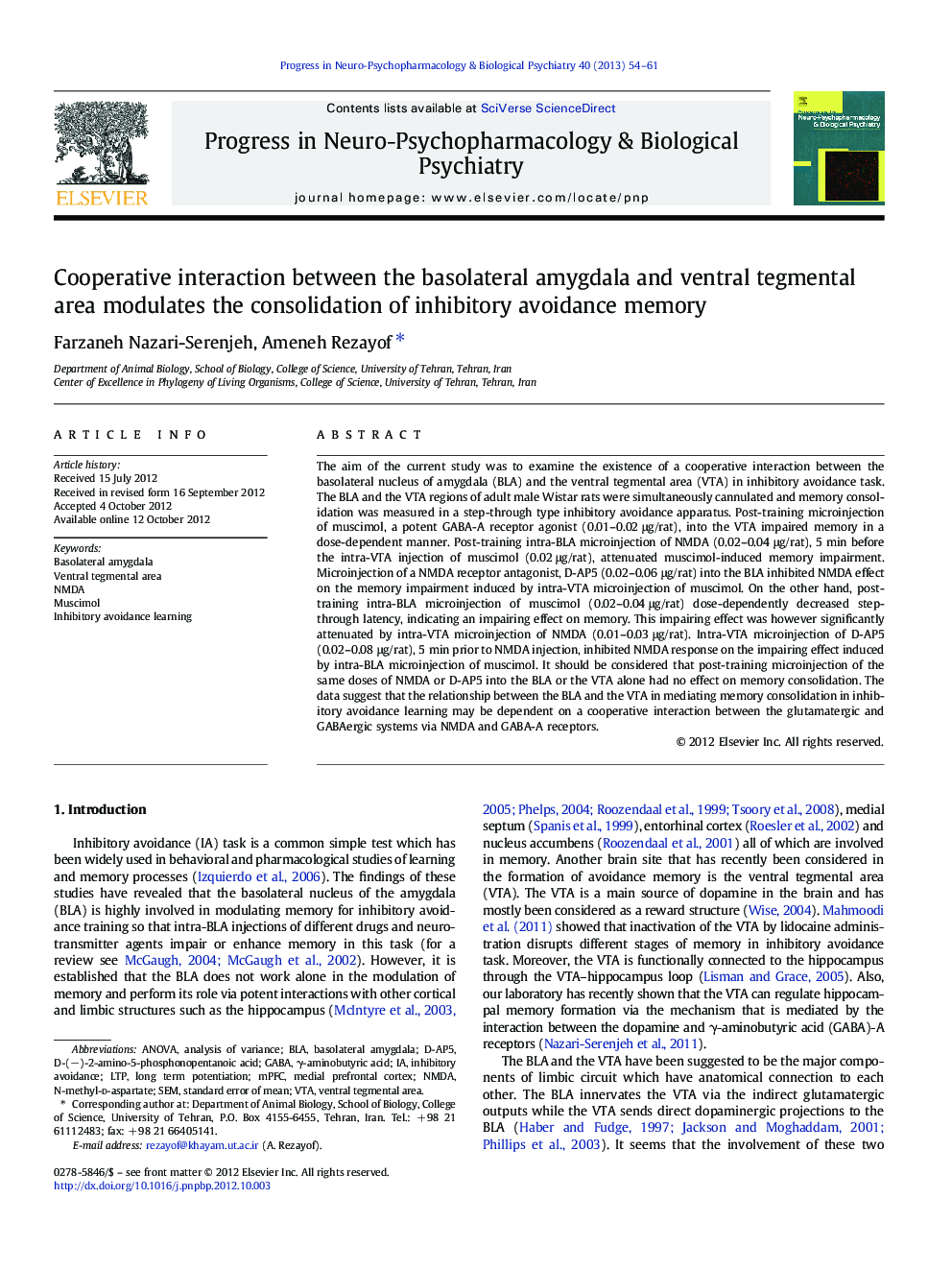 Cooperative interaction between the basolateral amygdala and ventral tegmental area modulates the consolidation of inhibitory avoidance memory