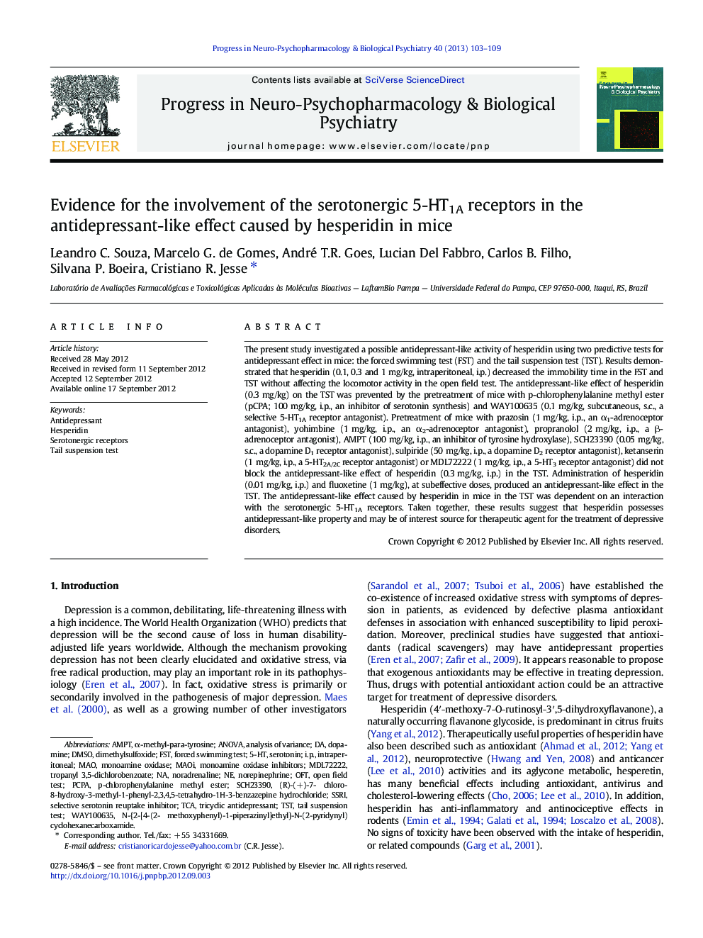 Evidence for the involvement of the serotonergic 5-HT1A receptors in the antidepressant-like effect caused by hesperidin in mice