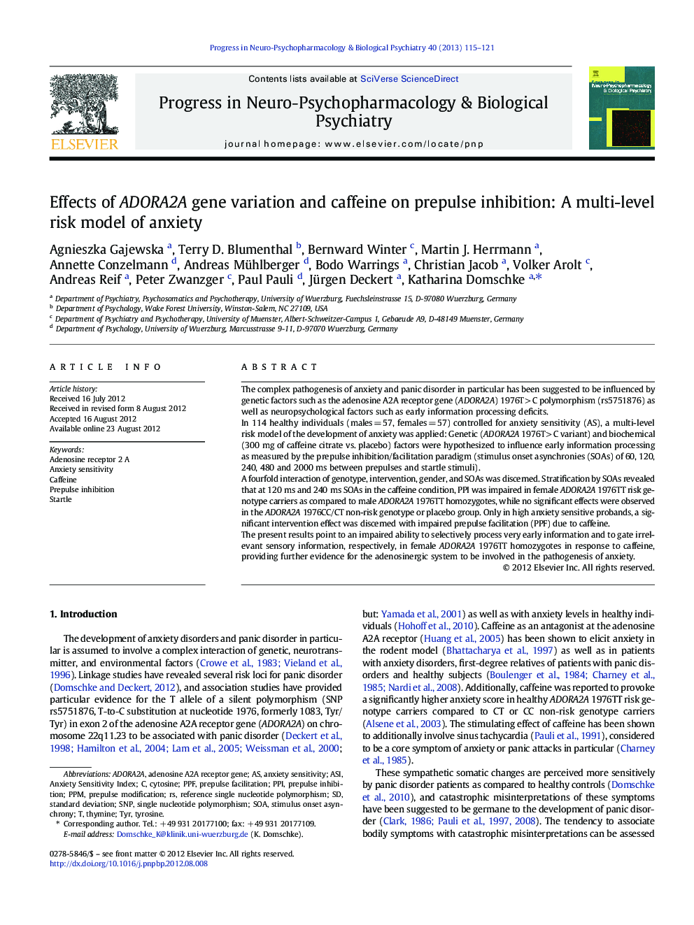 Effects of ADORA2A gene variation and caffeine on prepulse inhibition: A multi-level risk model of anxiety