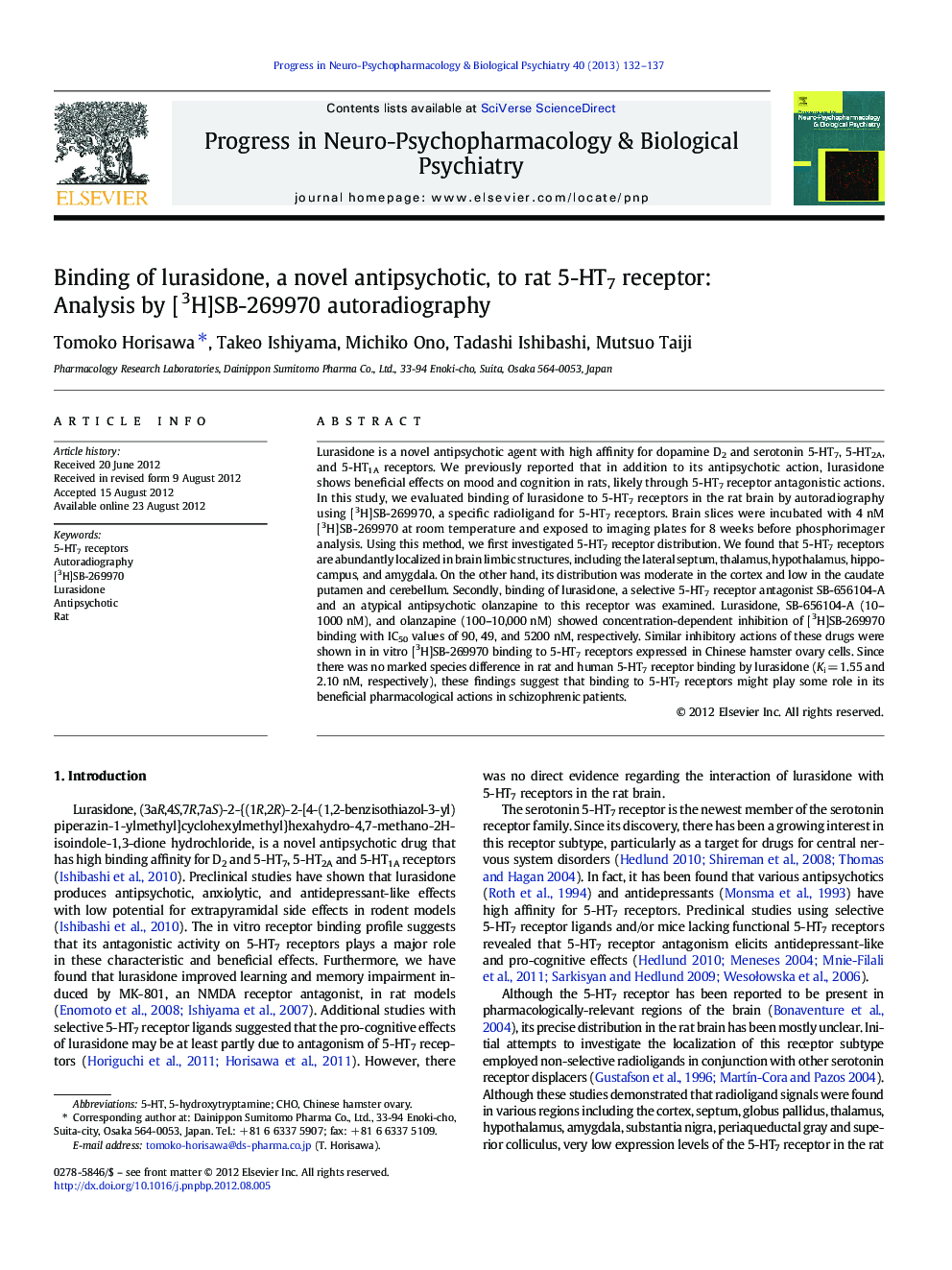 Binding of lurasidone, a novel antipsychotic, to rat 5-HT7 receptor: Analysis by [3H]SB-269970 autoradiography