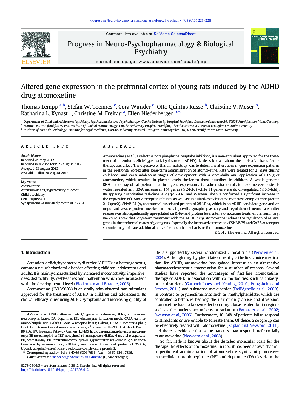 Altered gene expression in the prefrontal cortex of young rats induced by the ADHD drug atomoxetine