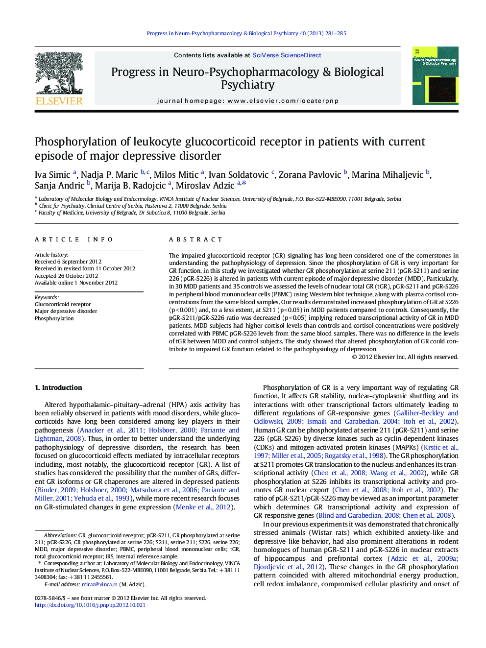 Phosphorylation of leukocyte glucocorticoid receptor in patients with current episode of major depressive disorder