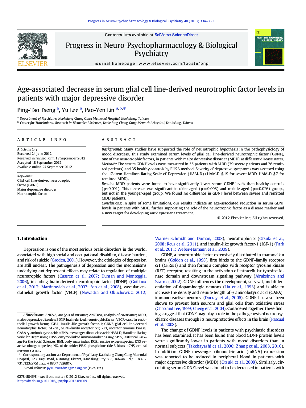 Age-associated decrease in serum glial cell line-derived neurotrophic factor levels in patients with major depressive disorder