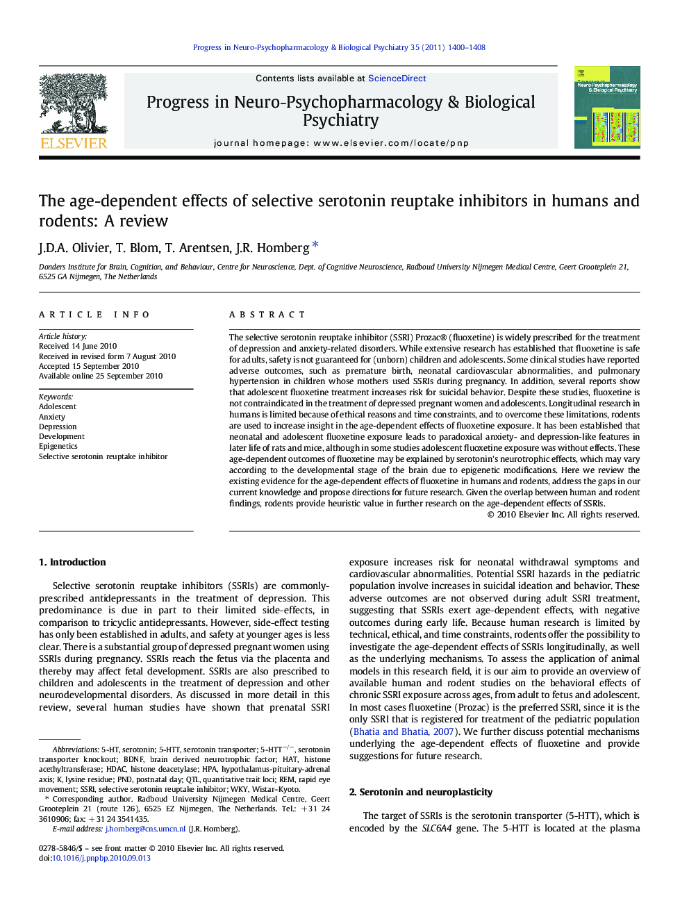 The age-dependent effects of selective serotonin reuptake inhibitors in humans and rodents: A review