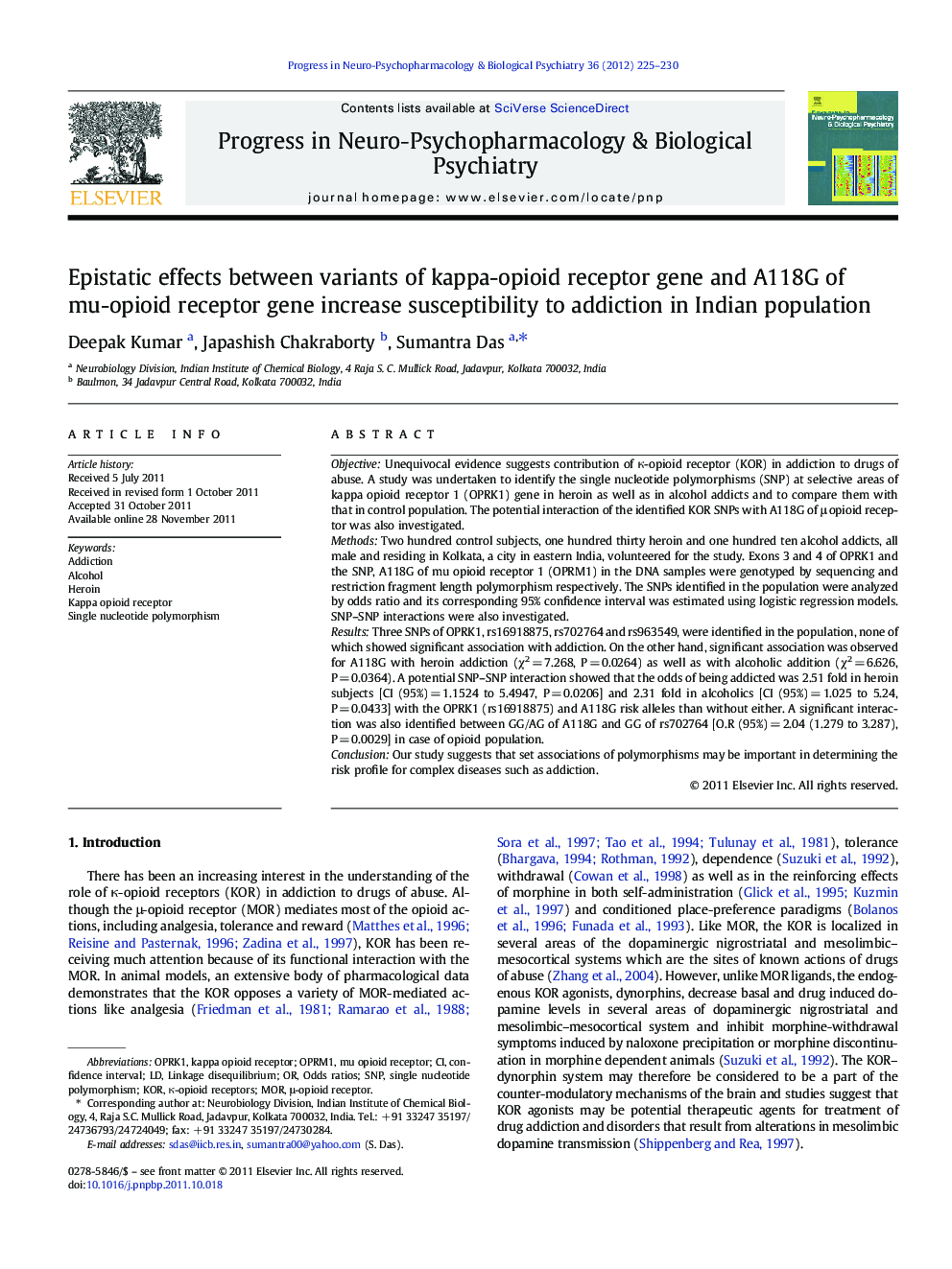 Epistatic effects between variants of kappa-opioid receptor gene and A118G of mu-opioid receptor gene increase susceptibility to addiction in Indian population