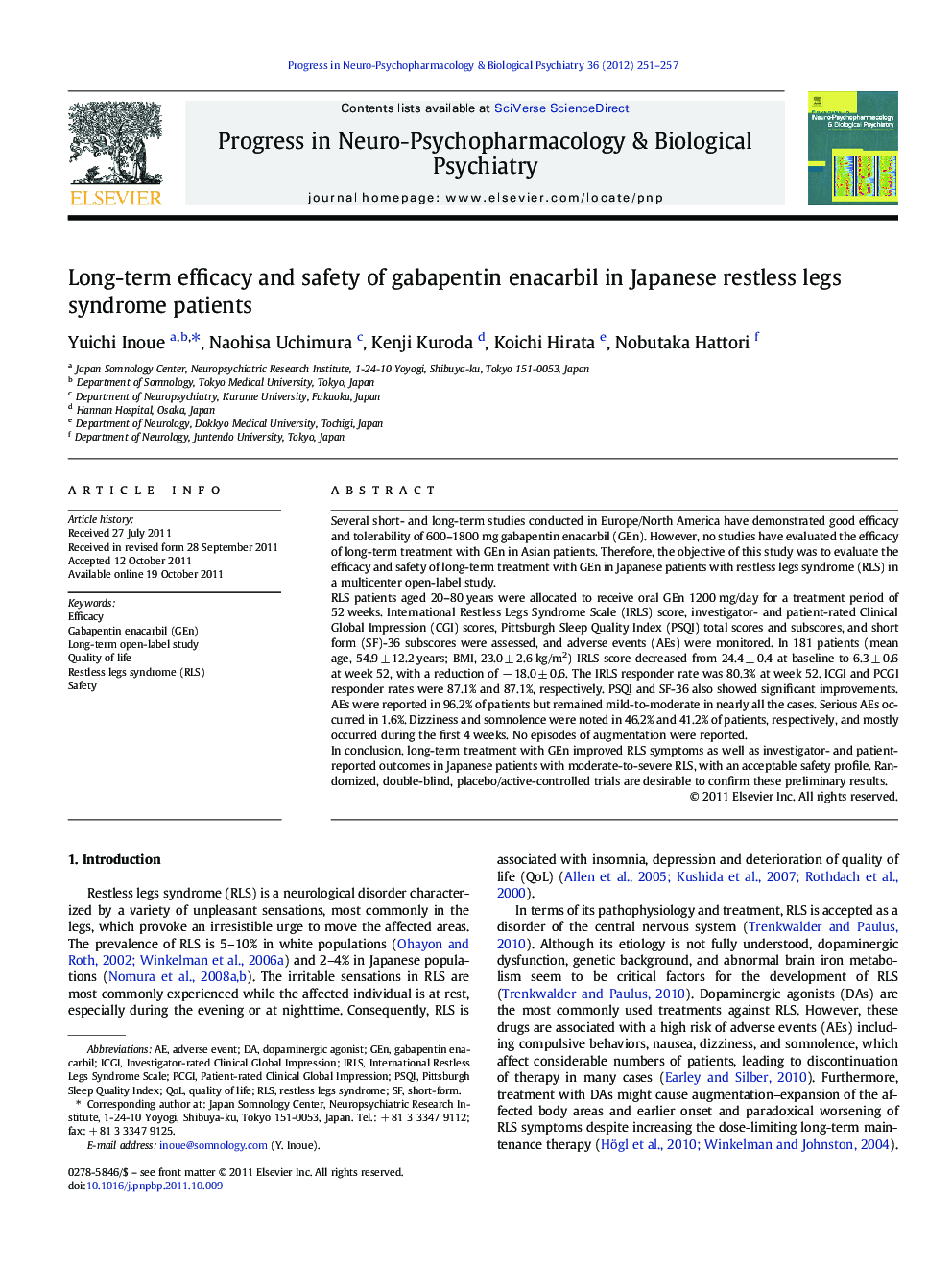 Long-term efficacy and safety of gabapentin enacarbil in Japanese restless legs syndrome patients