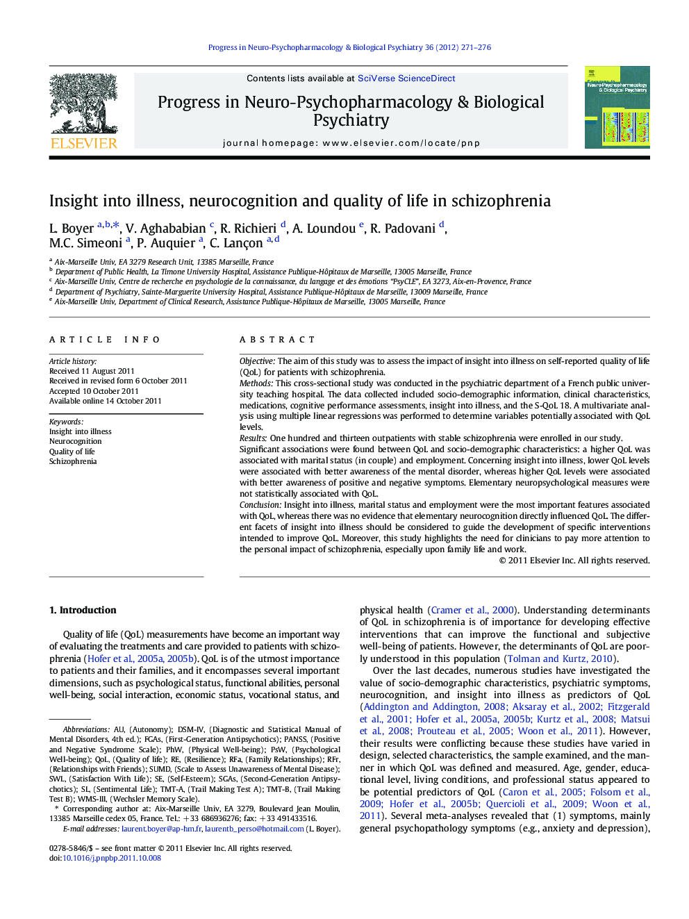 Insight into illness, neurocognition and quality of life in schizophrenia