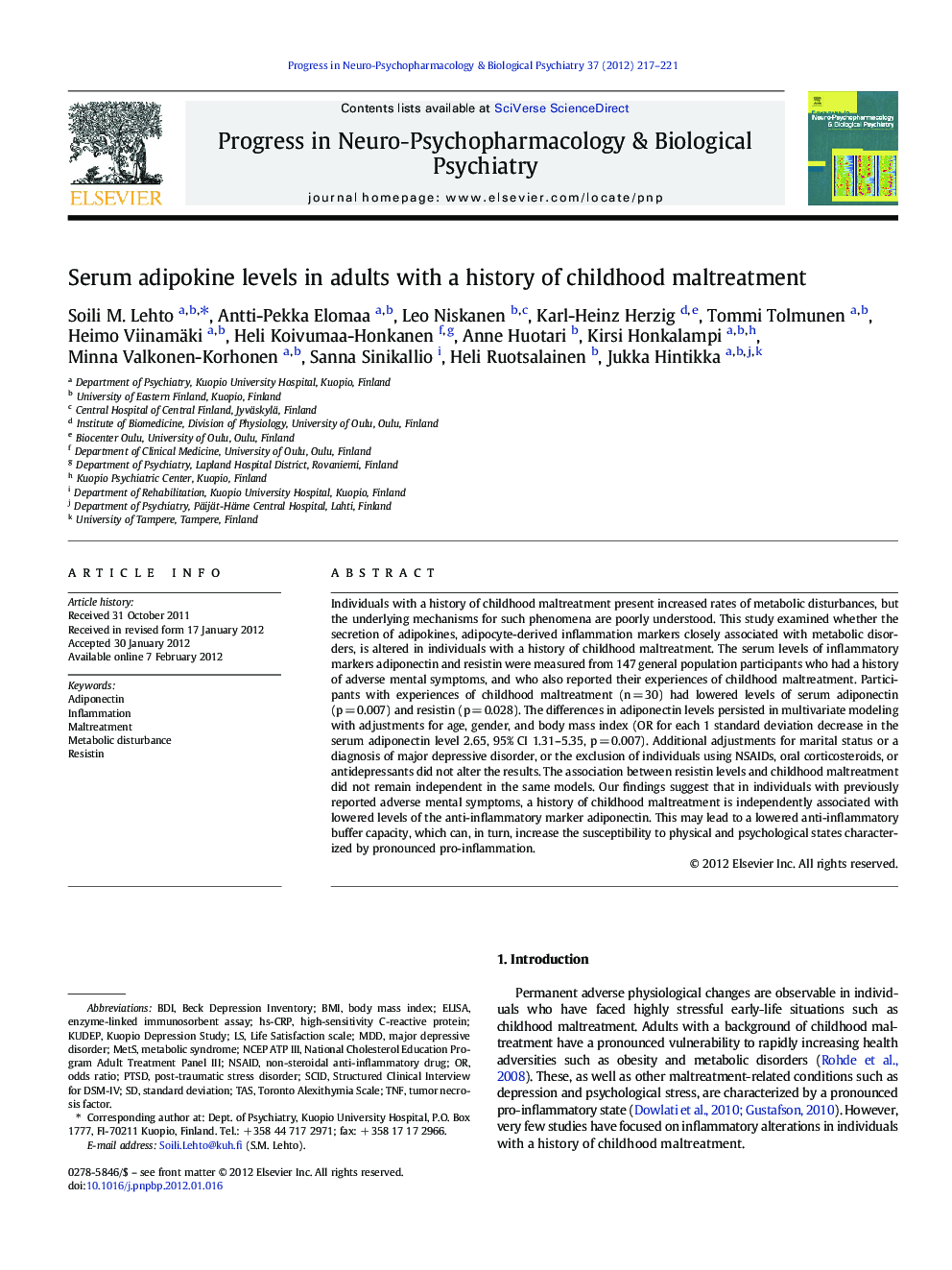 Serum adipokine levels in adults with a history of childhood maltreatment