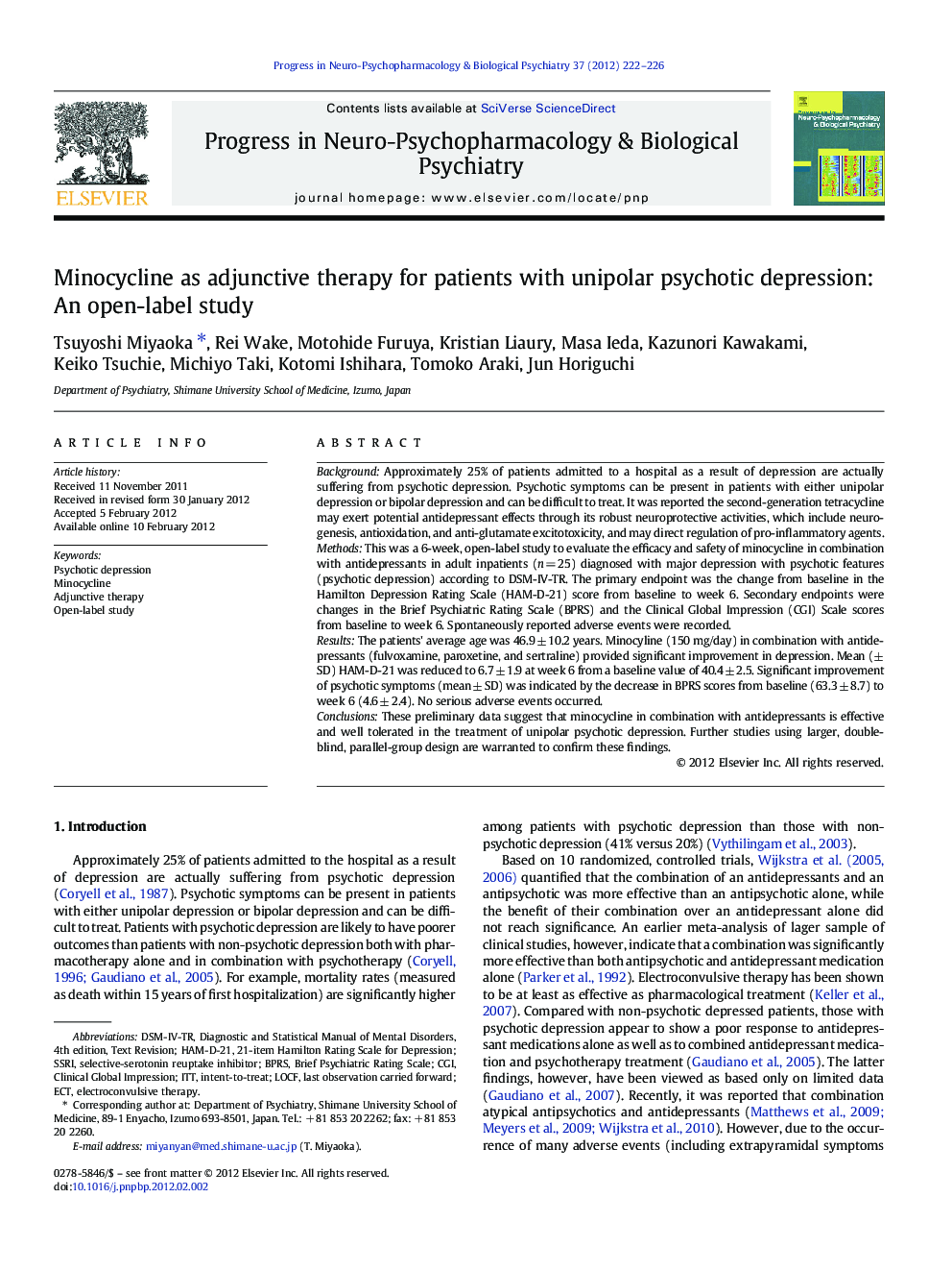 Minocycline as adjunctive therapy for patients with unipolar psychotic depression: An open-label study