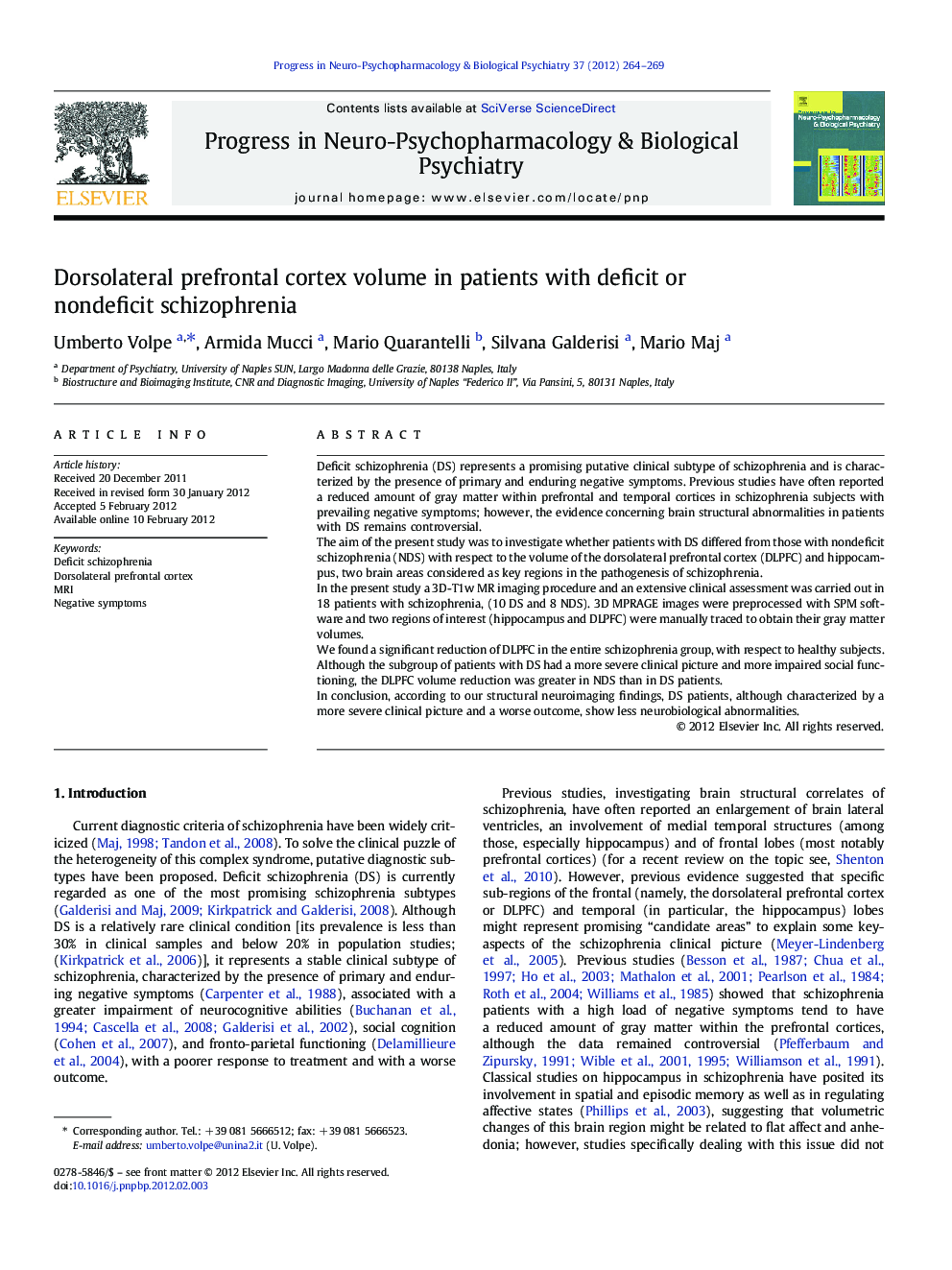 Dorsolateral prefrontal cortex volume in patients with deficit or nondeficit schizophrenia