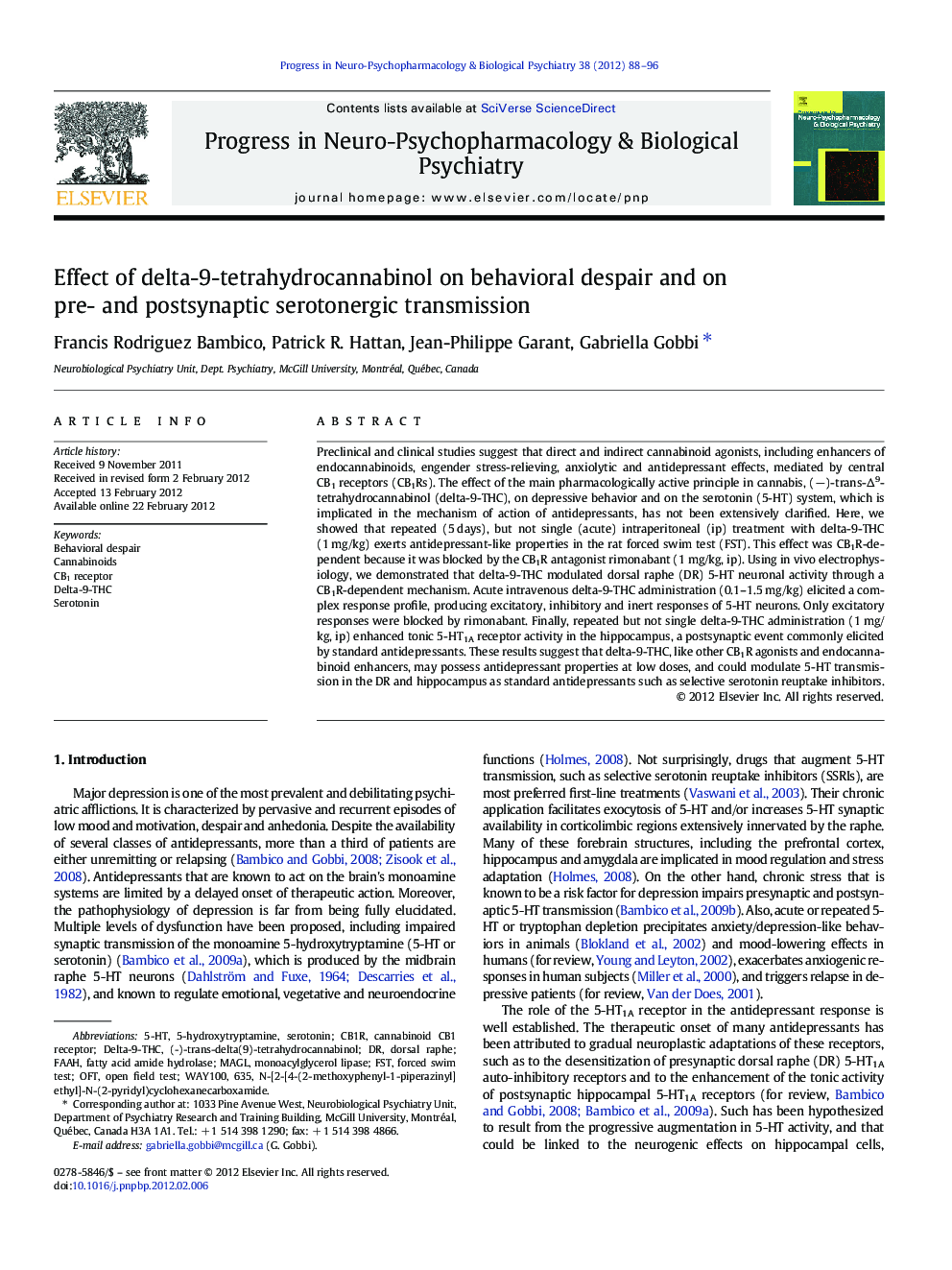 Effect of delta-9-tetrahydrocannabinol on behavioral despair and on pre- and postsynaptic serotonergic transmission