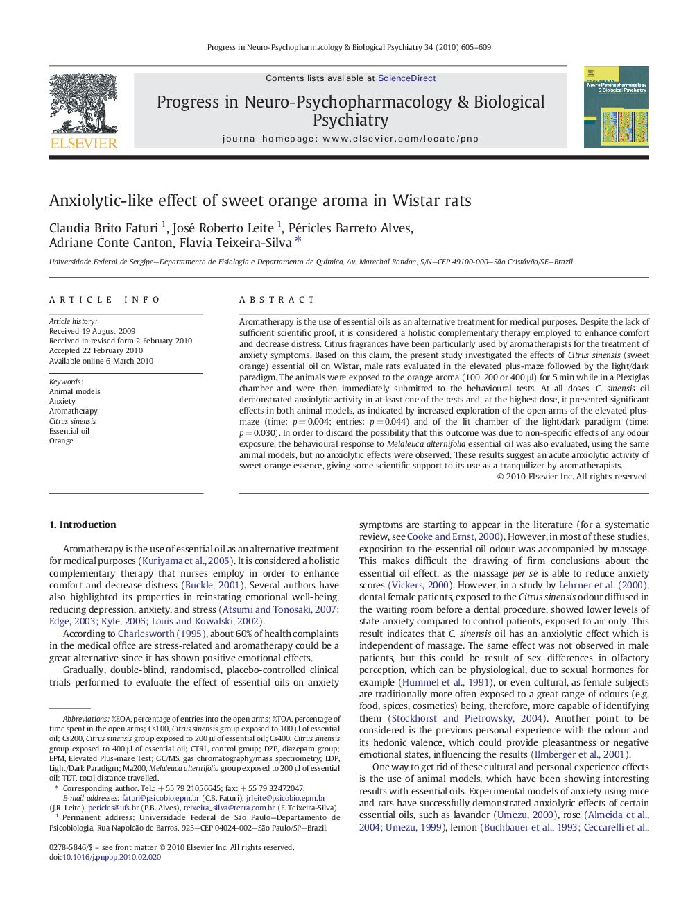 Anxiolytic-like effect of sweet orange aroma in Wistar rats