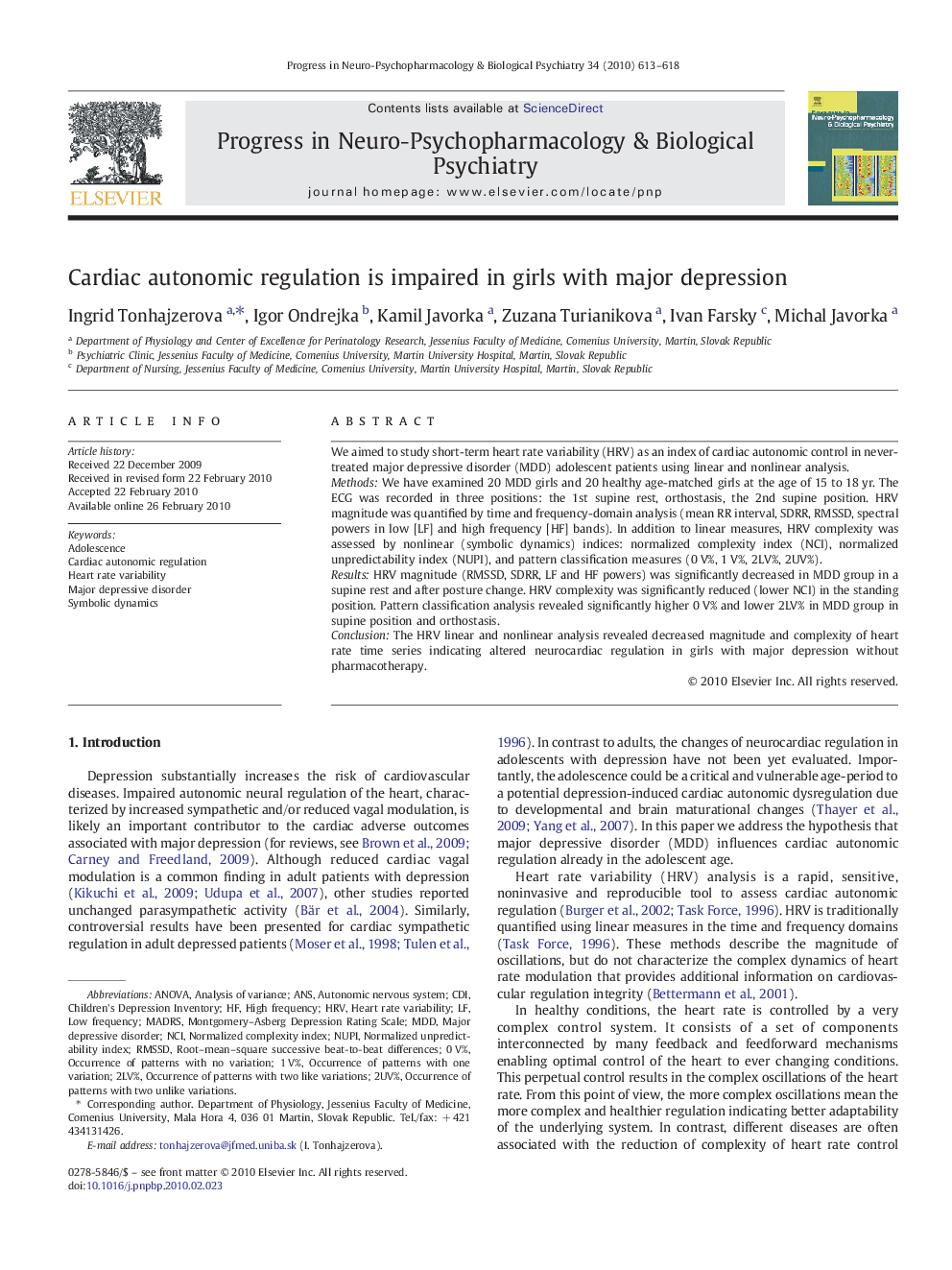 Cardiac autonomic regulation is impaired in girls with major depression