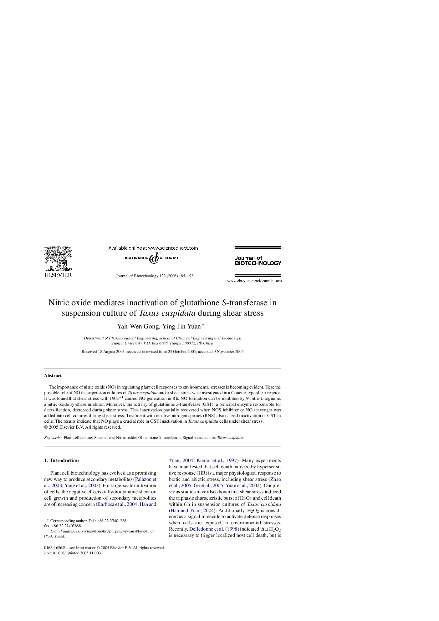 Nitric oxide mediates inactivation of glutathione S-transferase in suspension culture of Taxus cuspidata during shear stress