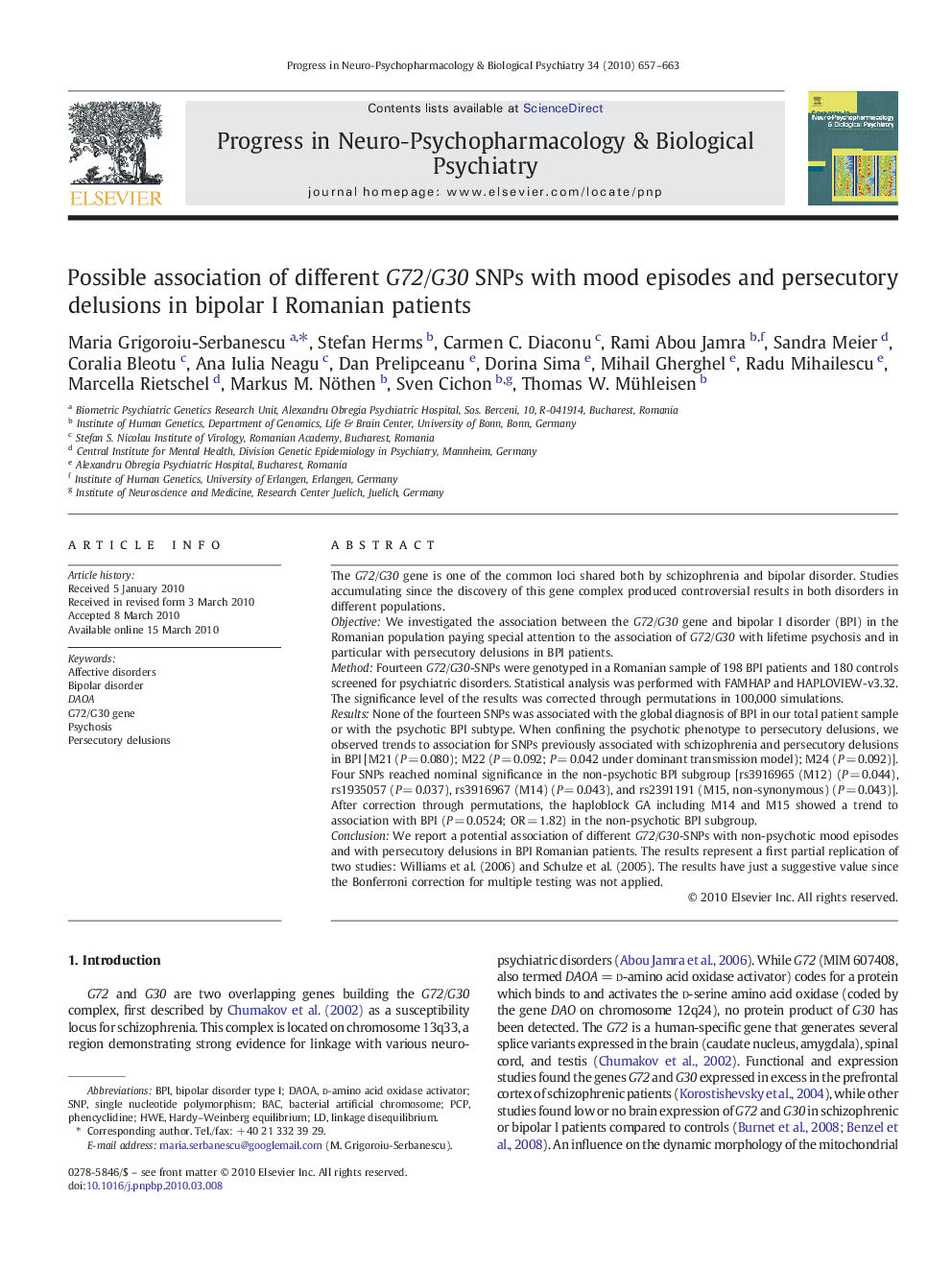 Possible association of different G72/G30 SNPs with mood episodes and persecutory delusions in bipolar I Romanian patients