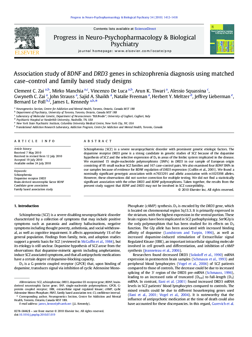 Association study of BDNF and DRD3 genes in schizophrenia diagnosis using matched case–control and family based study designs