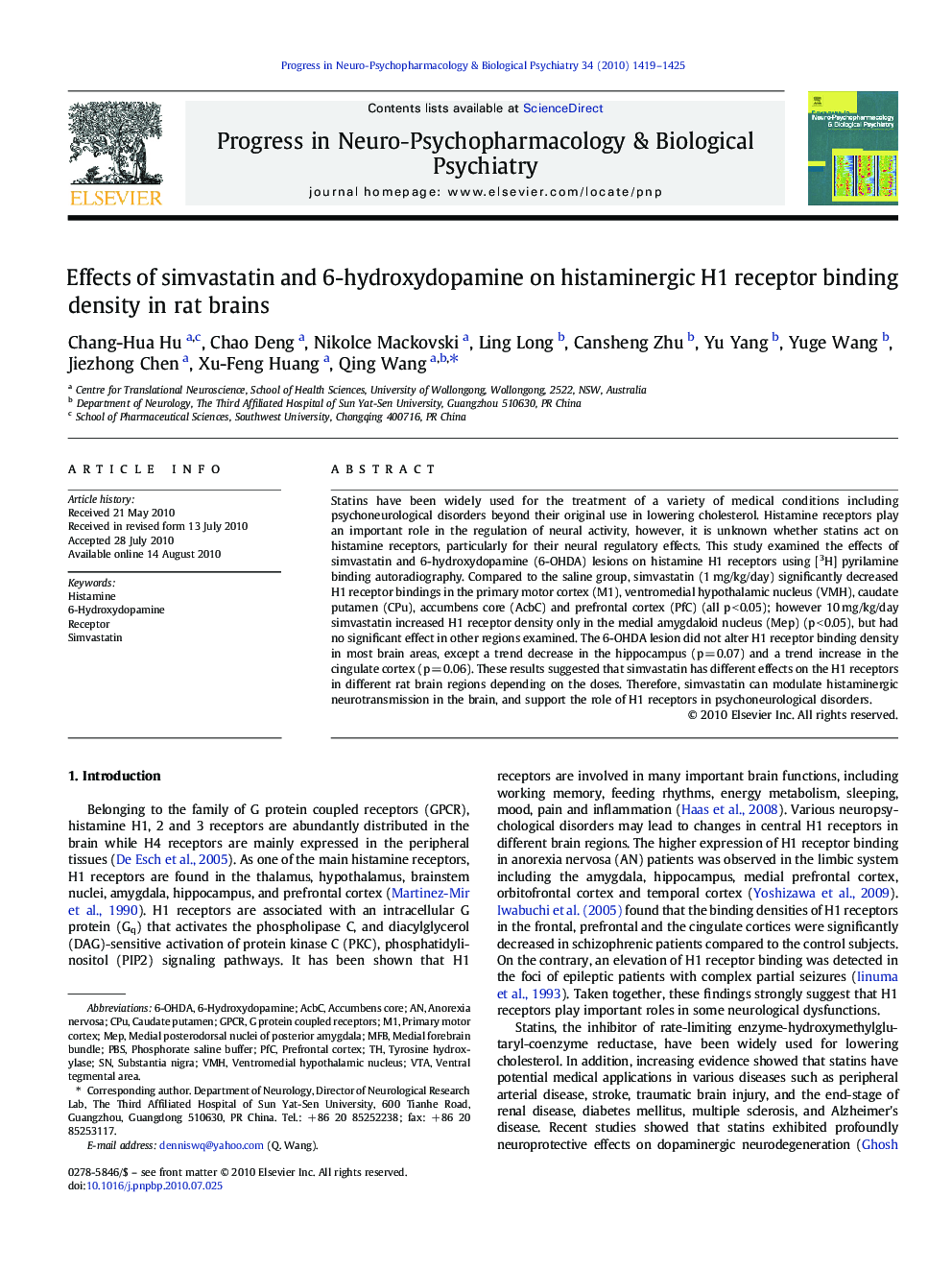 Effects of simvastatin and 6-hydroxydopamine on histaminergic H1 receptor binding density in rat brains