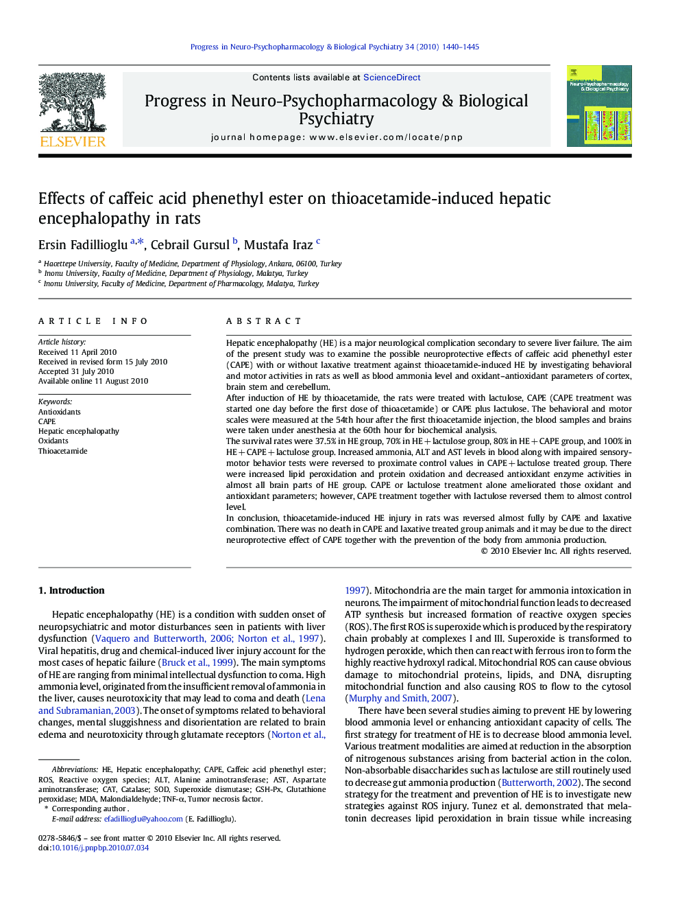 Effects of caffeic acid phenethyl ester on thioacetamide-induced hepatic encephalopathy in rats