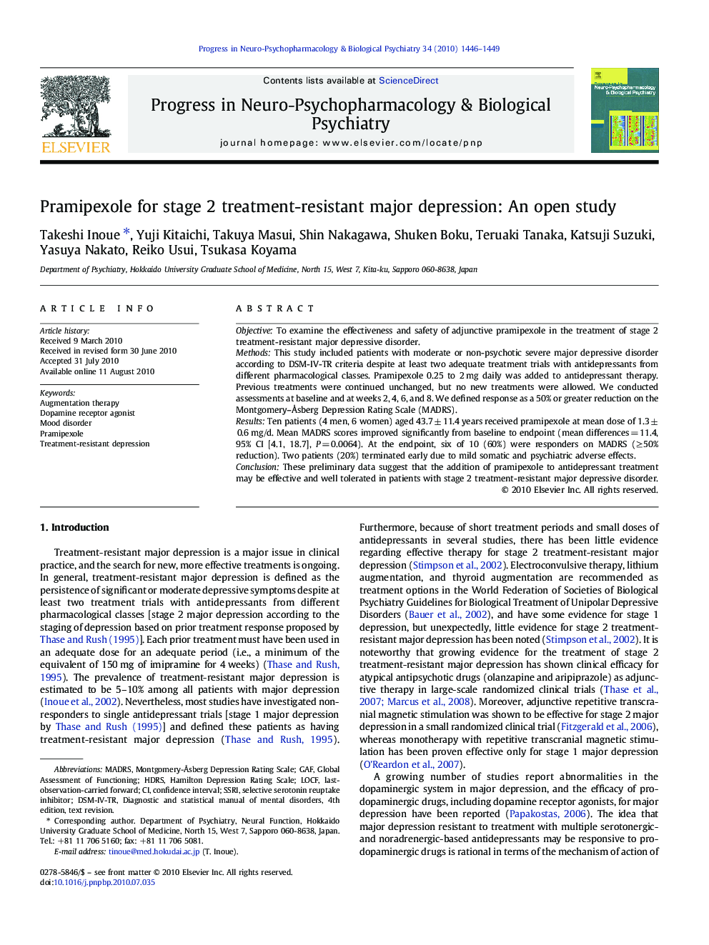 Pramipexole for stage 2 treatment-resistant major depression: An open study