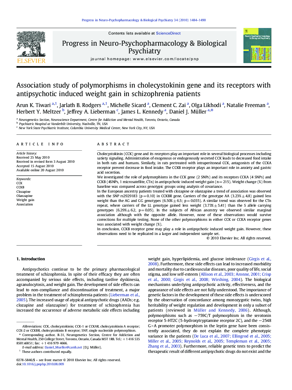 Association study of polymorphisms in cholecystokinin gene and its receptors with antipsychotic induced weight gain in schizophrenia patients