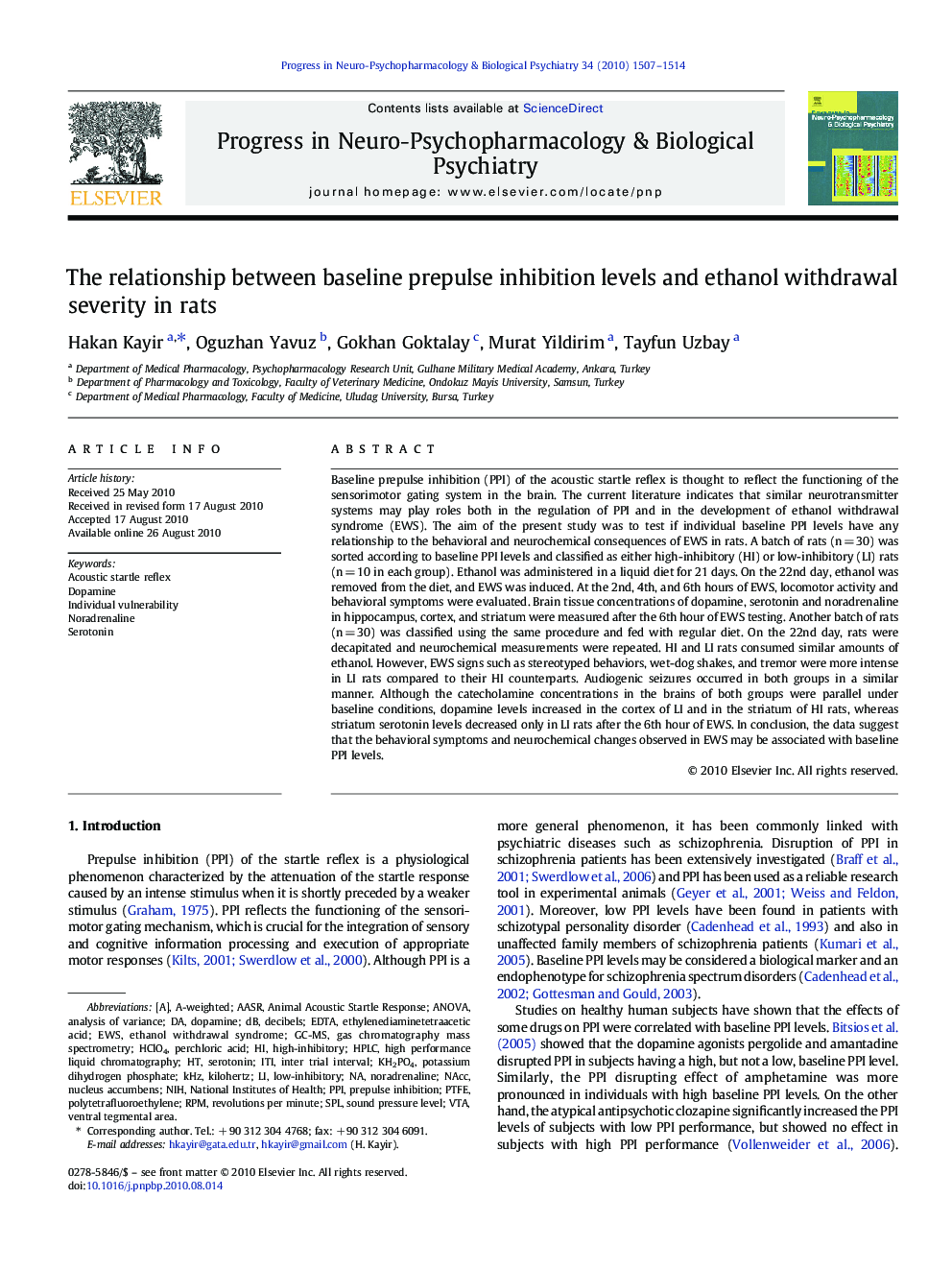 The relationship between baseline prepulse inhibition levels and ethanol withdrawal severity in rats