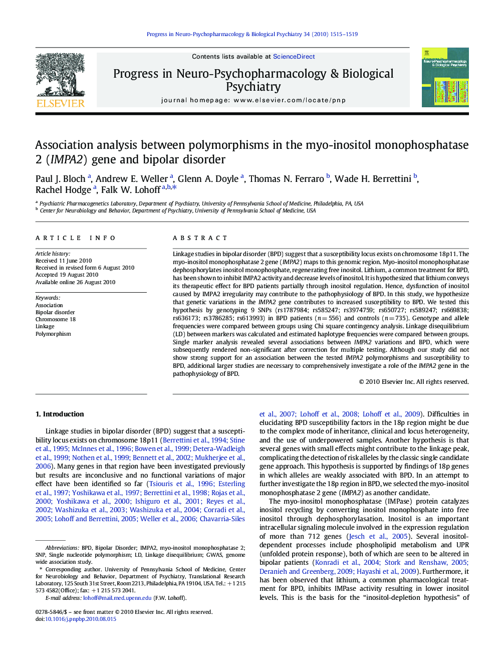 Association analysis between polymorphisms in the myo-inositol monophosphatase 2 (IMPA2) gene and bipolar disorder