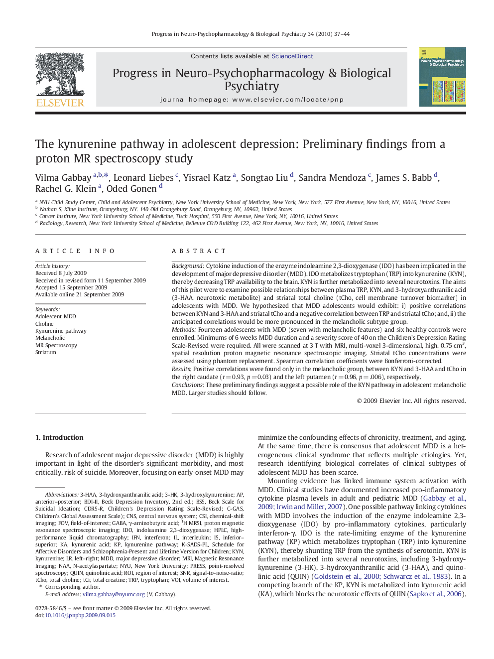 The kynurenine pathway in adolescent depression: Preliminary findings from a proton MR spectroscopy study