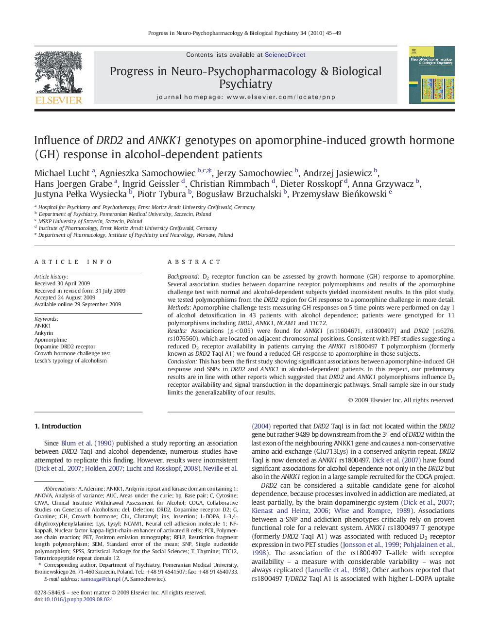 Influence of DRD2 and ANKK1 genotypes on apomorphine-induced growth hormone (GH) response in alcohol-dependent patients