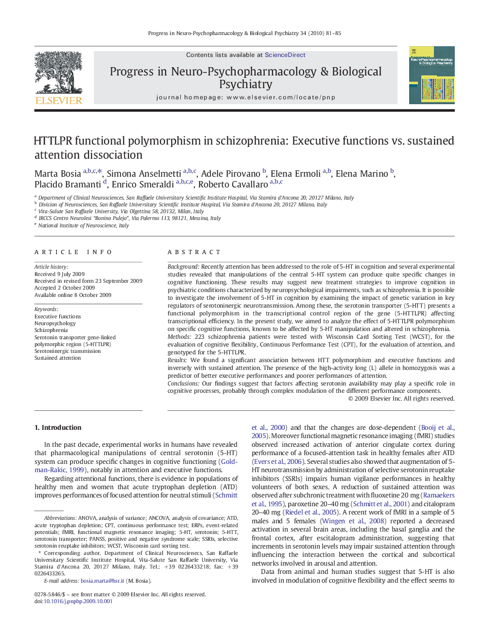 HTTLPR functional polymorphism in schizophrenia: Executive functions vs. sustained attention dissociation