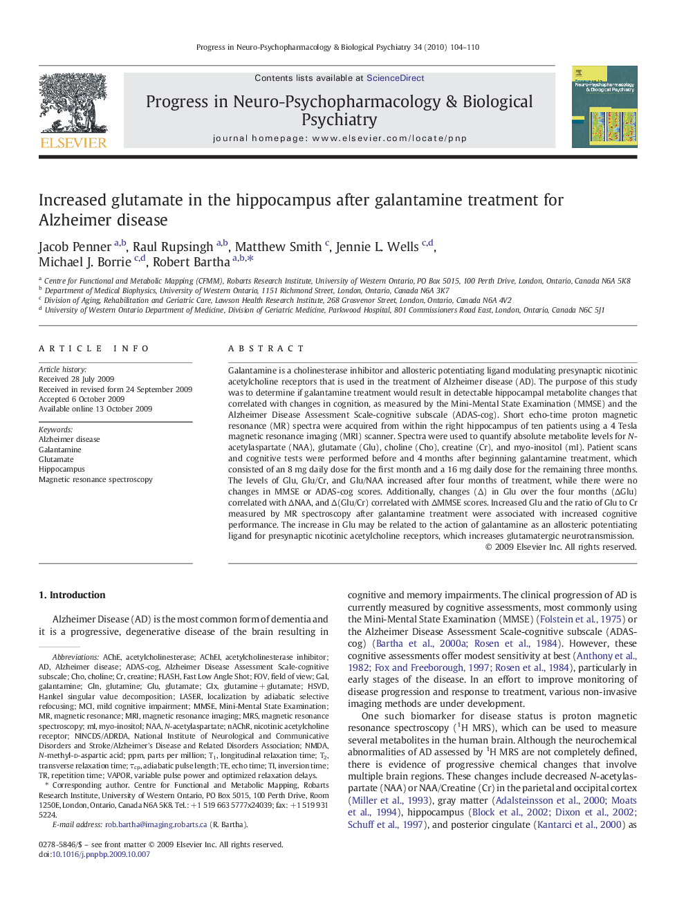 Increased glutamate in the hippocampus after galantamine treatment for Alzheimer disease