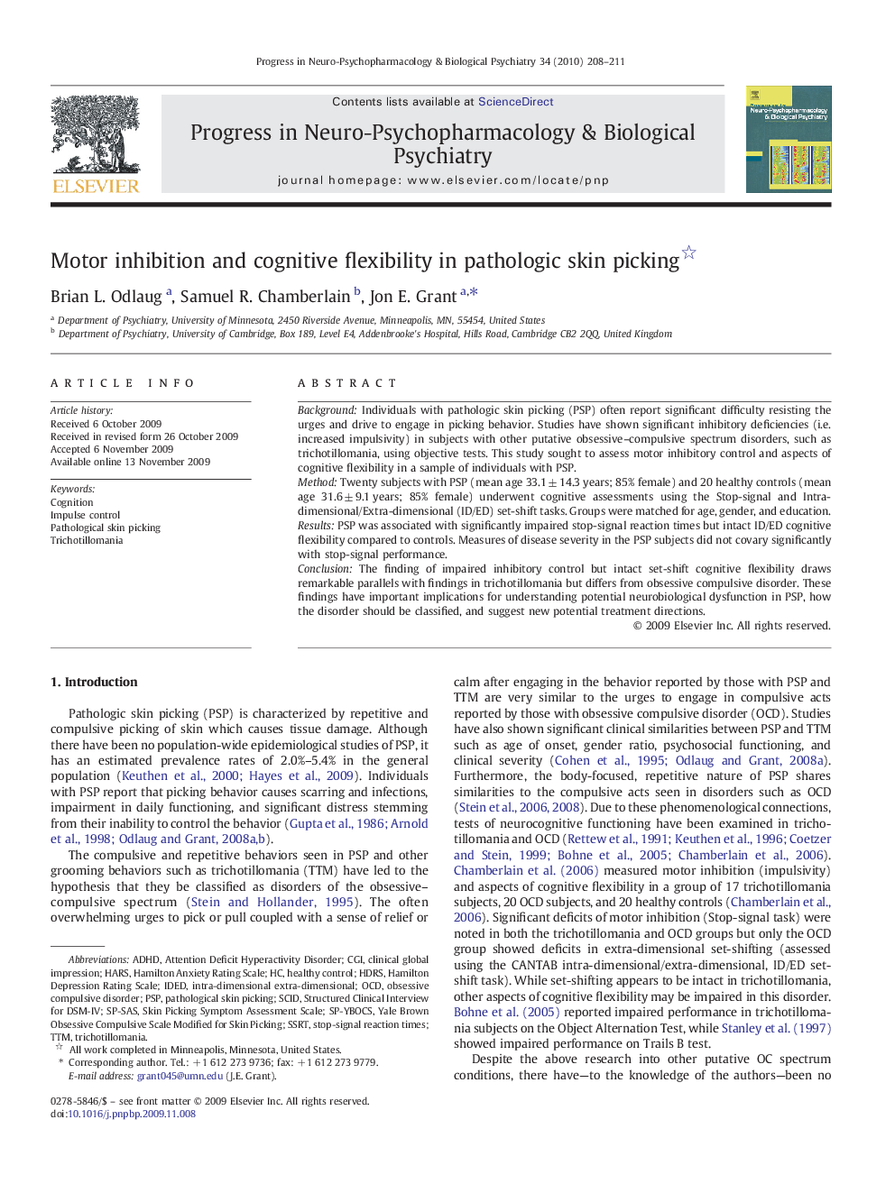 Motor inhibition and cognitive flexibility in pathologic skin picking 