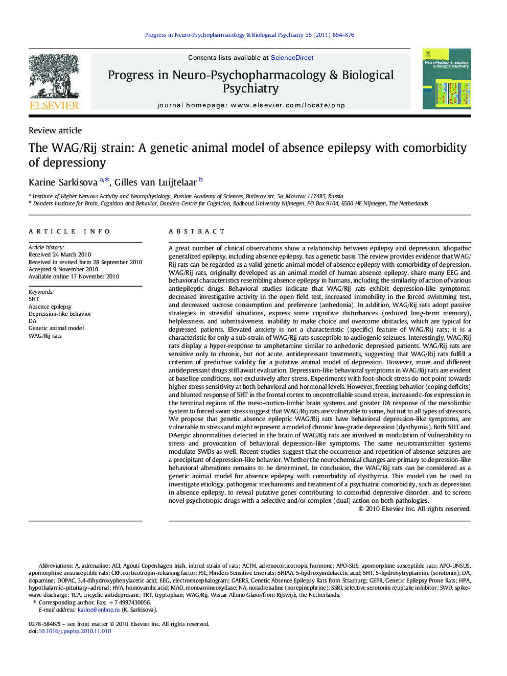 The WAG/Rij strain: A genetic animal model of absence epilepsy with comorbidity of depressiony