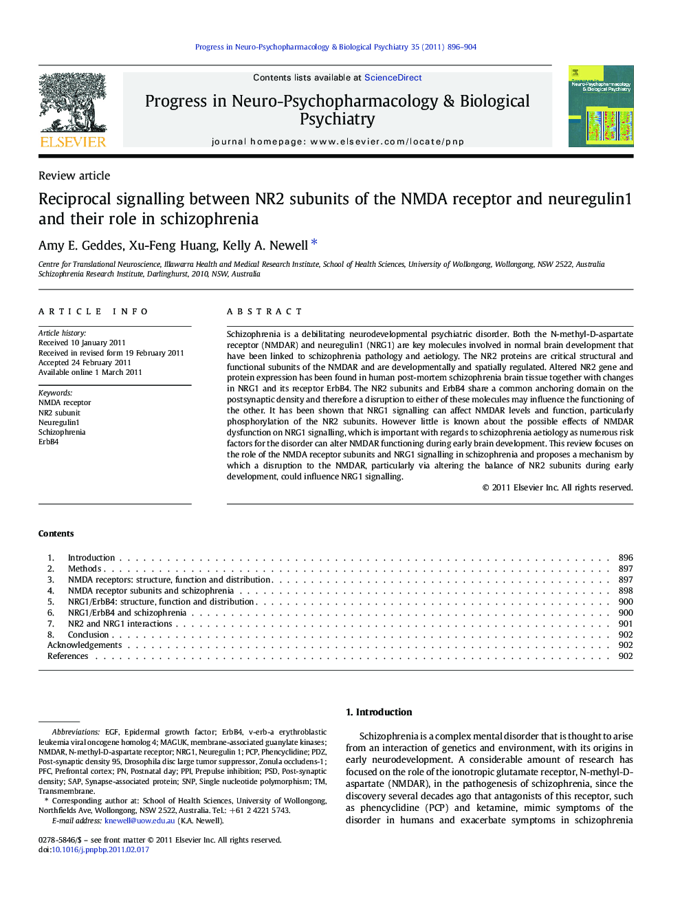 Reciprocal signalling between NR2 subunits of the NMDA receptor and neuregulin1 and their role in schizophrenia