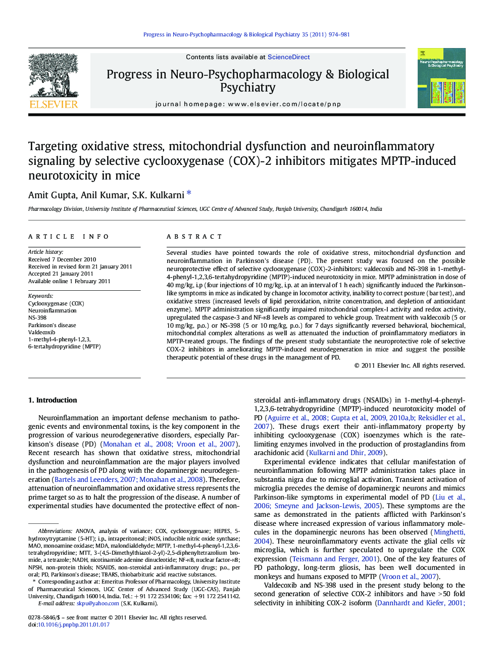 Targeting oxidative stress, mitochondrial dysfunction and neuroinflammatory signaling by selective cyclooxygenase (COX)-2 inhibitors mitigates MPTP-induced neurotoxicity in mice