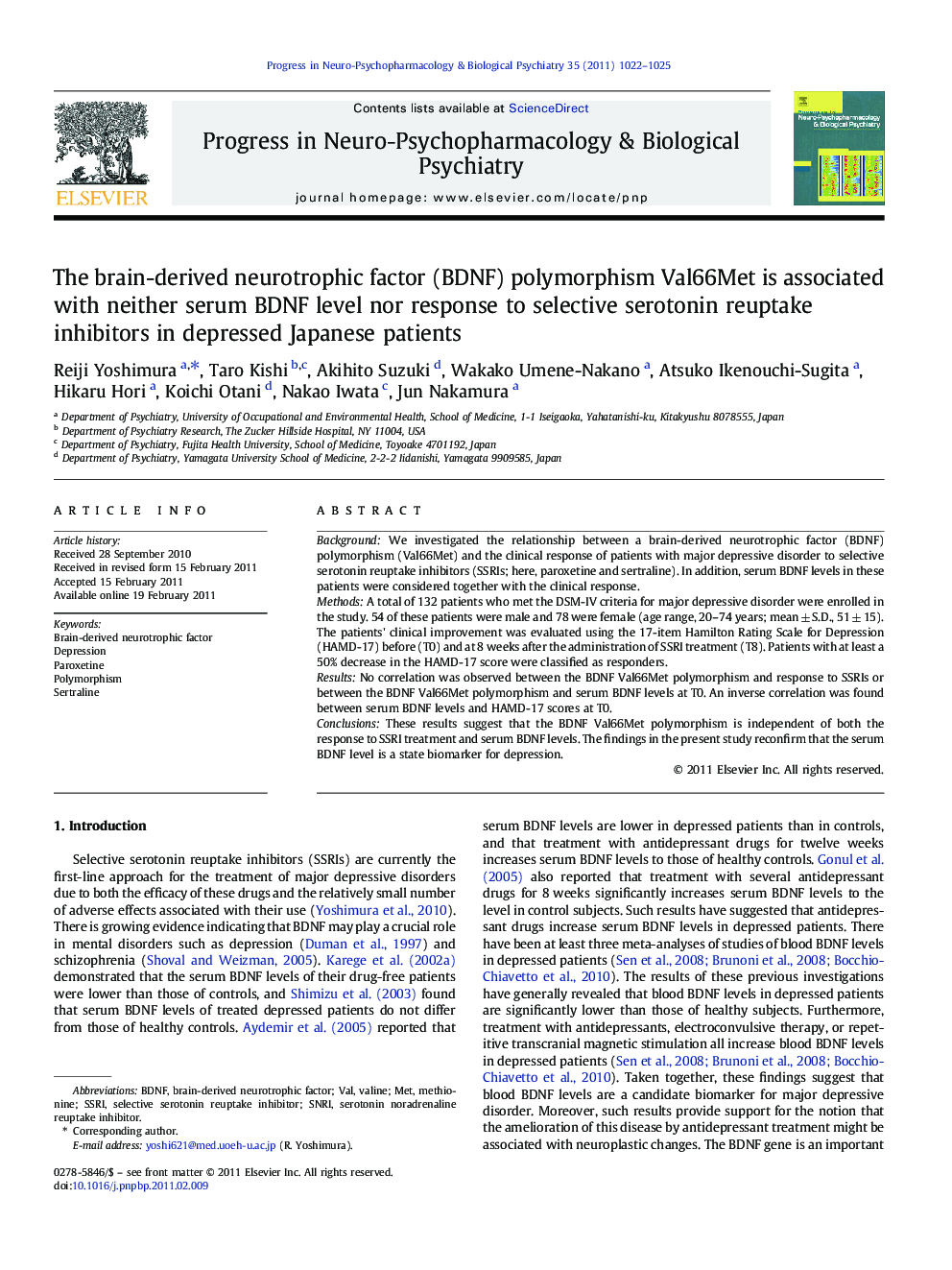 The brain-derived neurotrophic factor (BDNF) polymorphism Val66Met is associated with neither serum BDNF level nor response to selective serotonin reuptake inhibitors in depressed Japanese patients