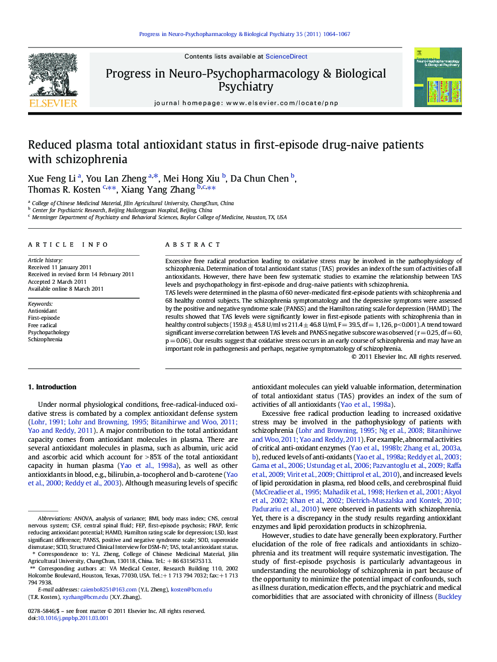 Reduced plasma total antioxidant status in first-episode drug-naive patients with schizophrenia