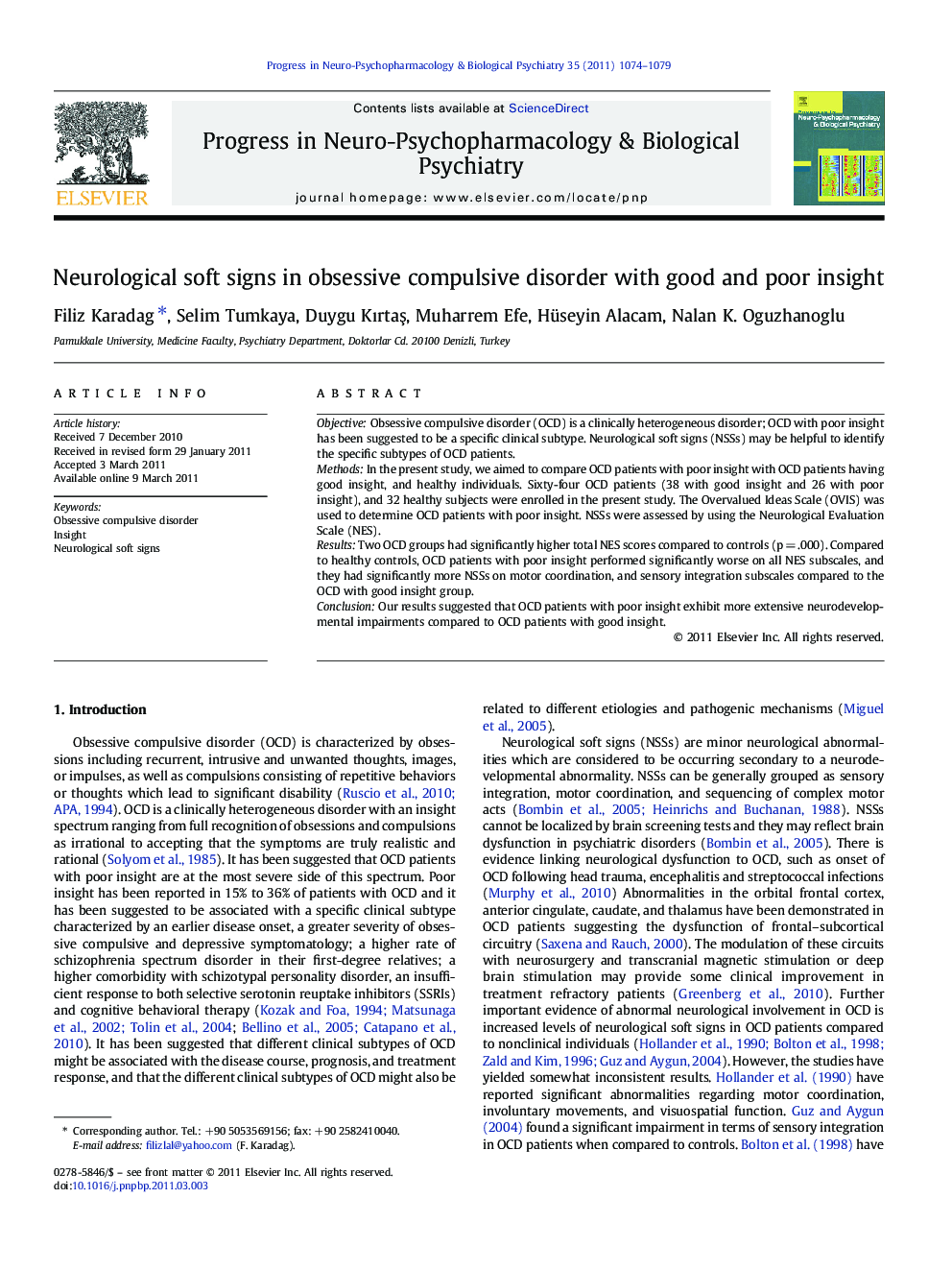 Neurological soft signs in obsessive compulsive disorder with good and poor insight