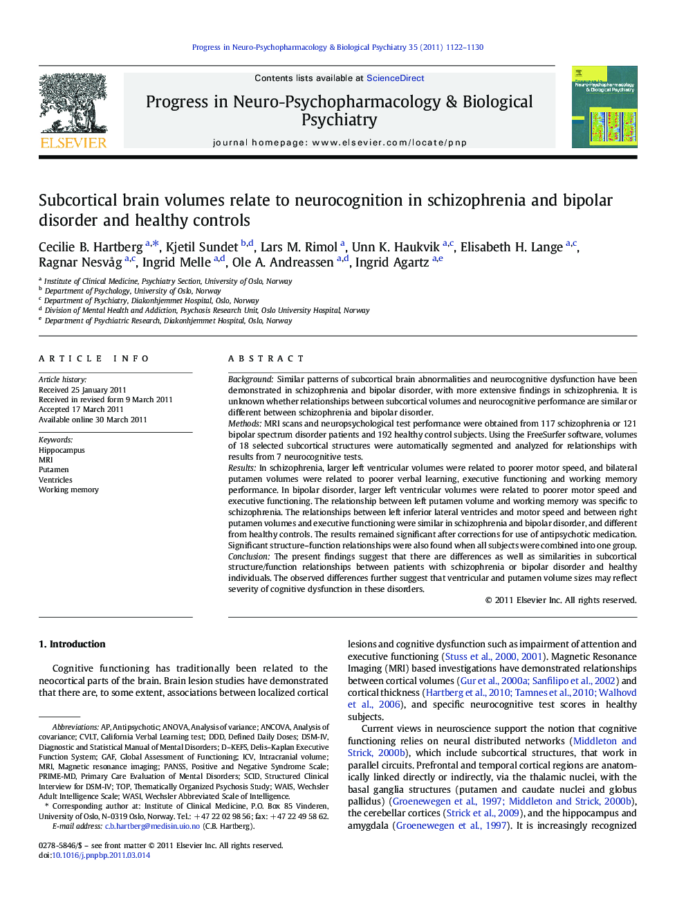 Subcortical brain volumes relate to neurocognition in schizophrenia and bipolar disorder and healthy controls