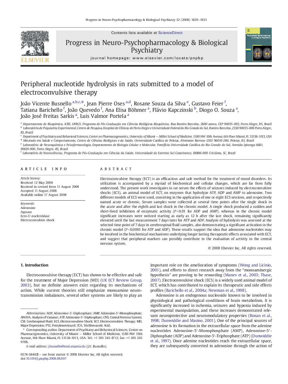 عکس صفحه اول مقاله: Peripheral nucleotide hydrolysis in rats submitted to a model of electroconvulsive therapy Peripheral nucleotide hydrolysis in rats submitted to a model of electroconvulsive therapy