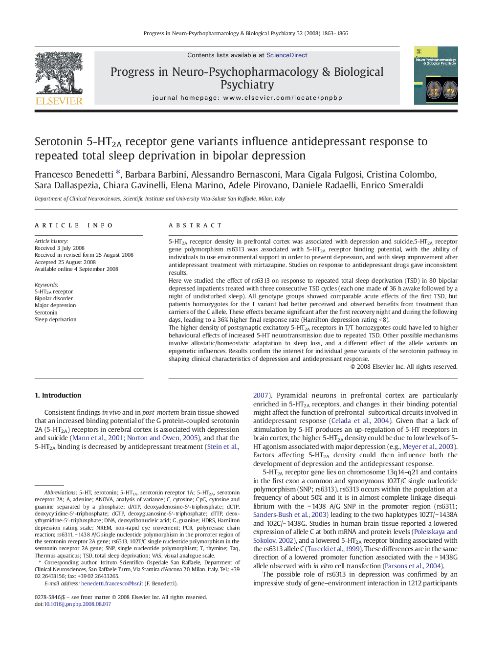 Serotonin 5-HT2A receptor gene variants influence antidepressant response to repeated total sleep deprivation in bipolar depression