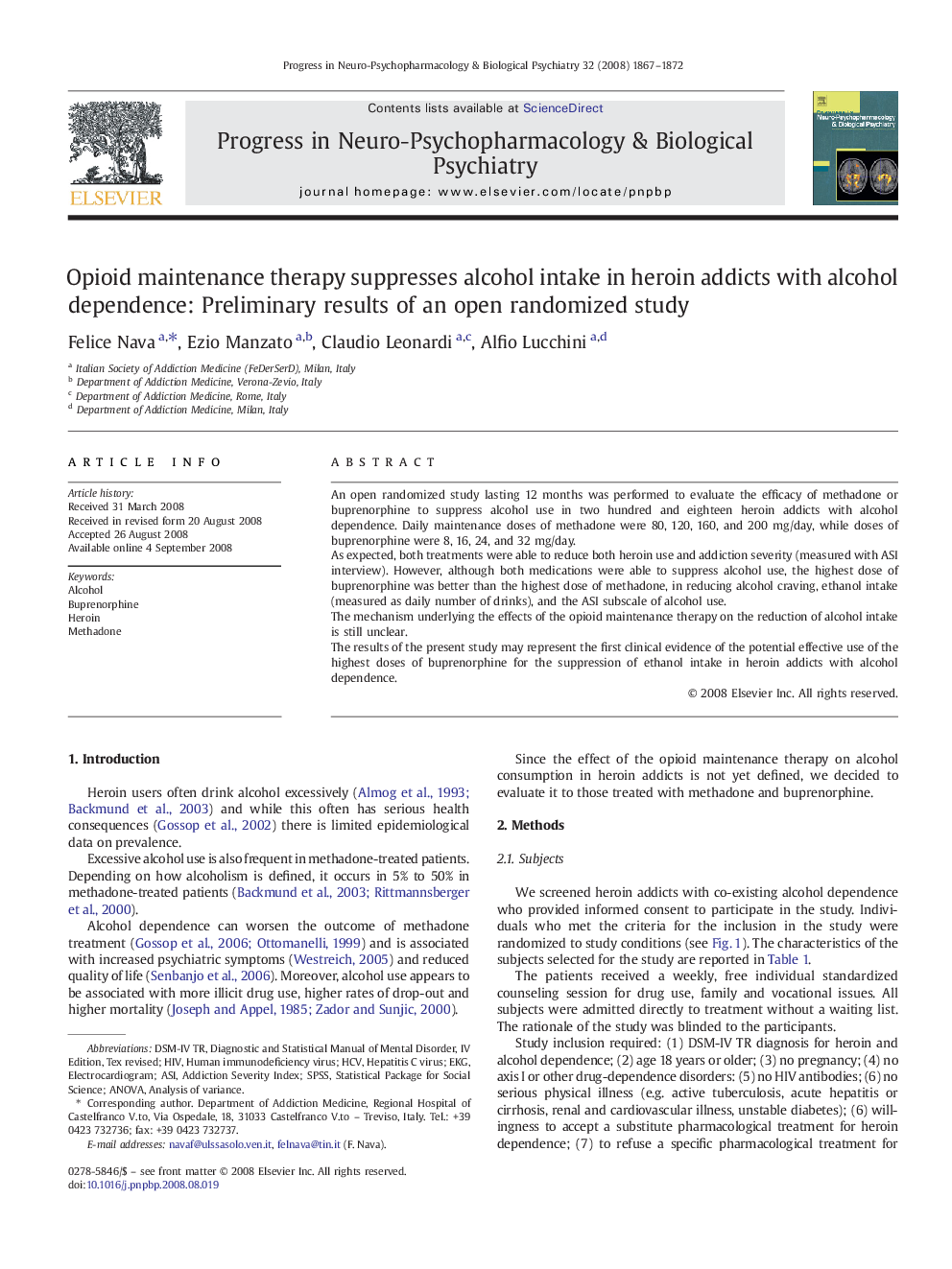 Opioid maintenance therapy suppresses alcohol intake in heroin addicts with alcohol dependence: Preliminary results of an open randomized study