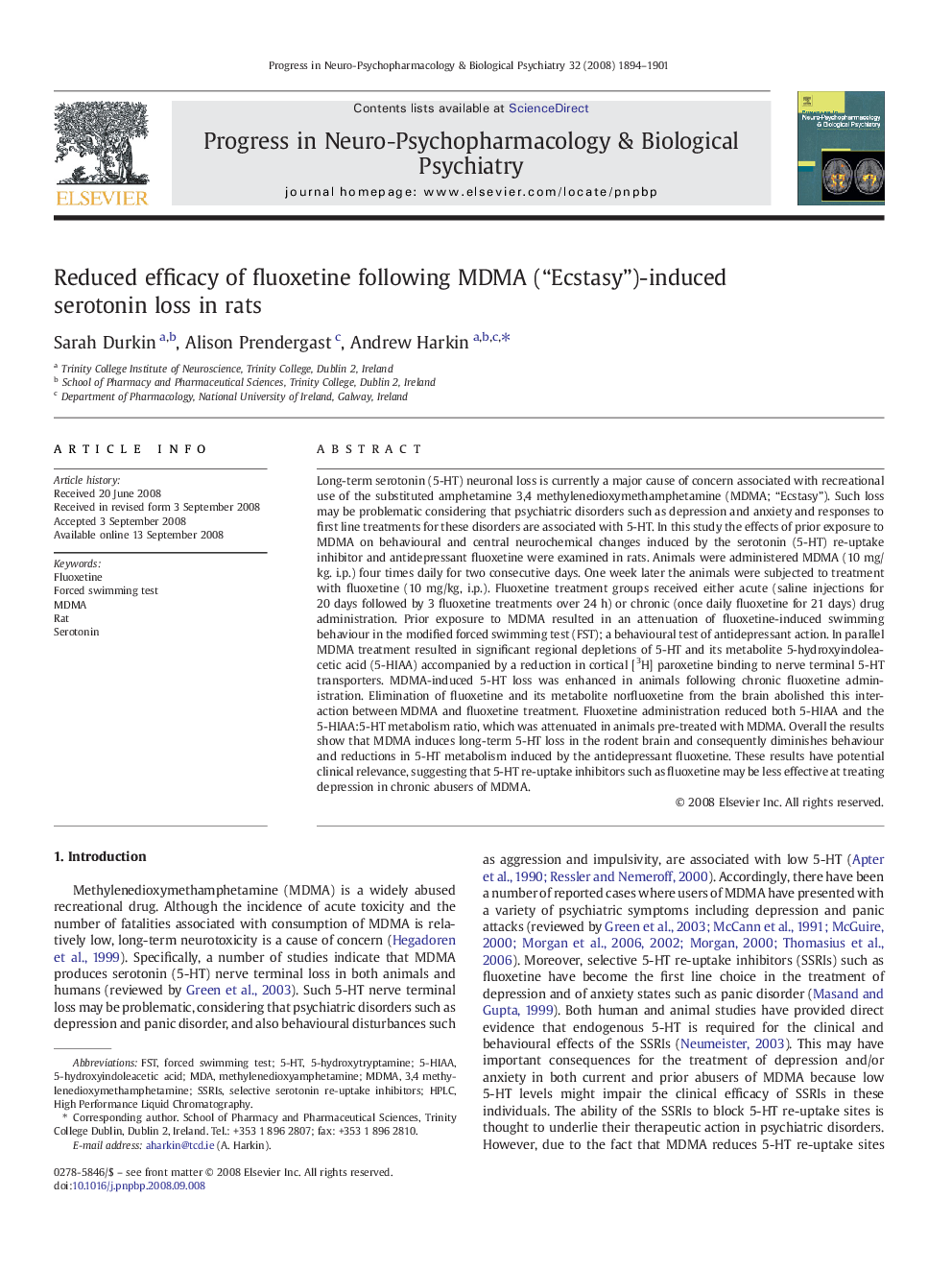 Reduced efficacy of fluoxetine following MDMA (“Ecstasy”)-induced serotonin loss in rats