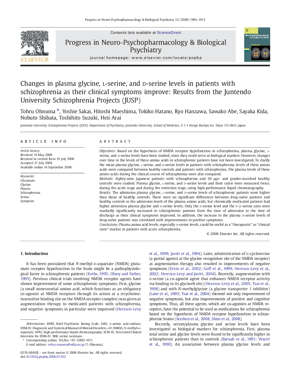 Changes in plasma glycine, l-serine, and d-serine levels in patients with schizophrenia as their clinical symptoms improve: Results from the Juntendo University Schizophrenia Projects (JUSP)