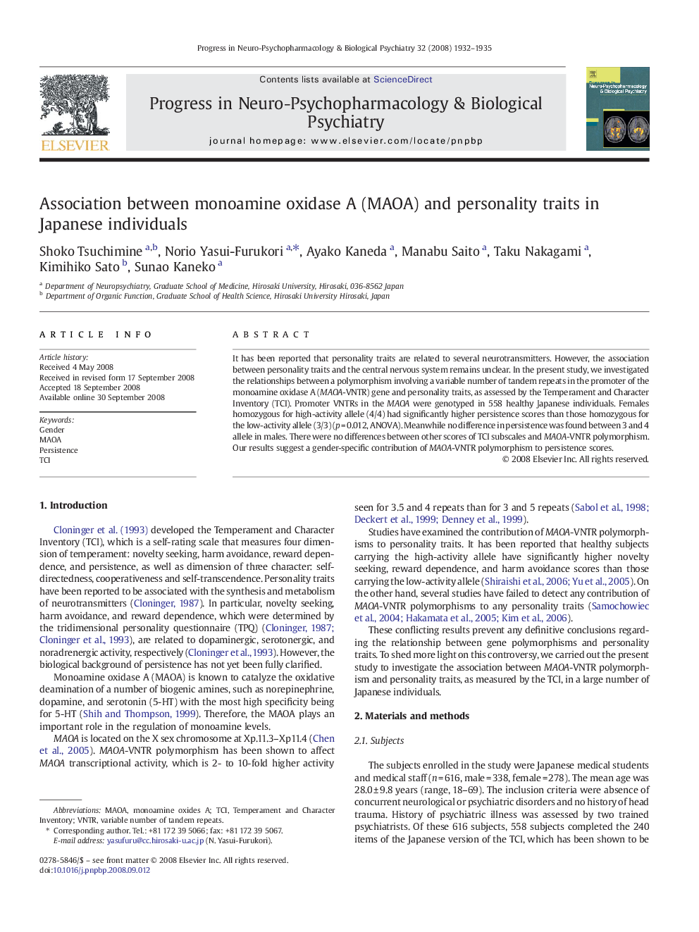 Association between monoamine oxidase A (MAOA) and personality traits in Japanese individuals